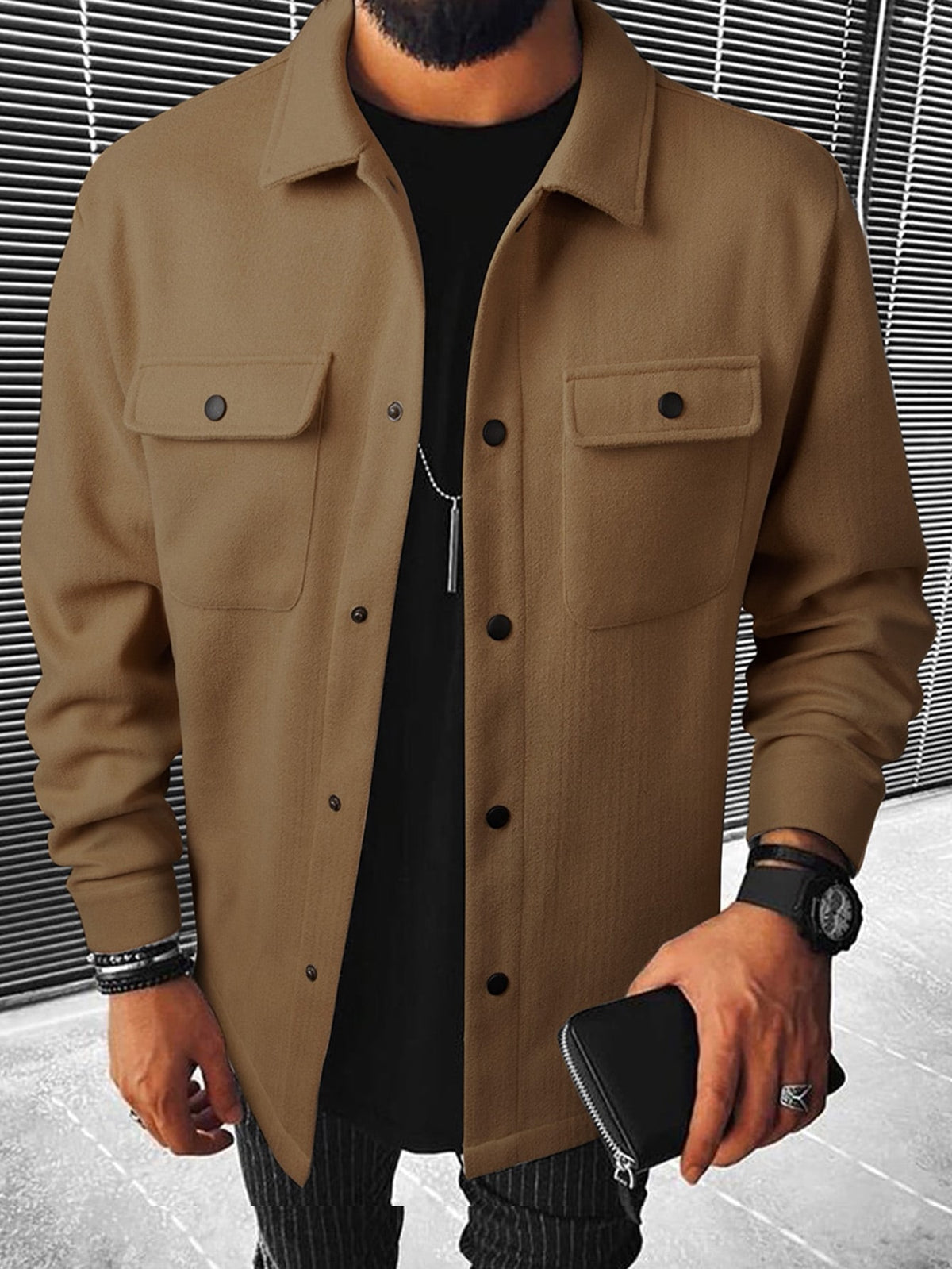 Men's Button-Front Overshirt Jacket with Flap Chest Pockets in Camel