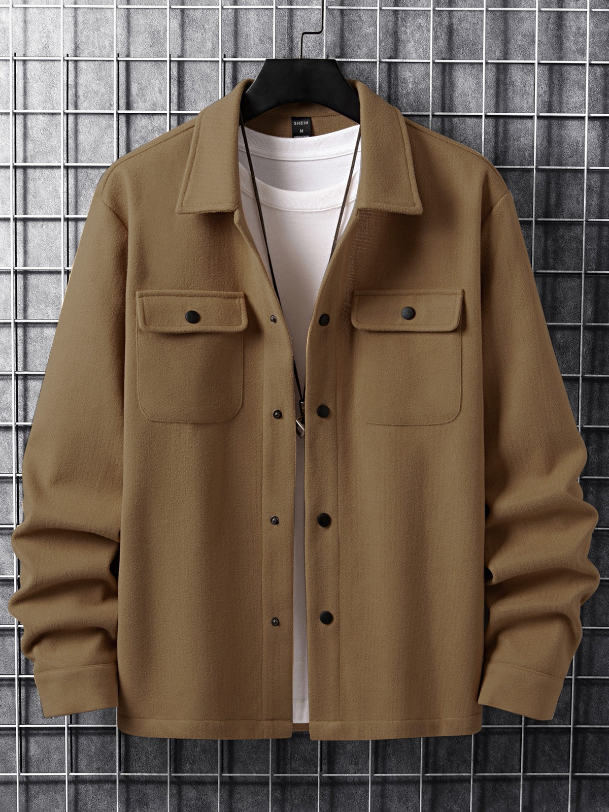 Men's Button-Front Overshirt Jacket with Flap Chest Pockets in Camel