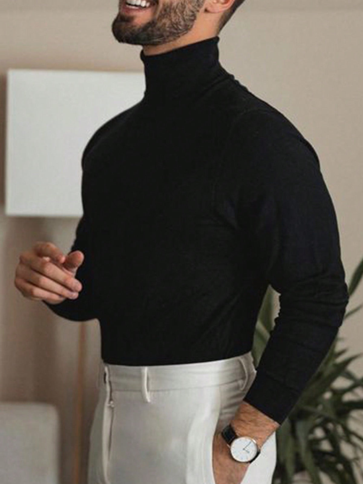 Men's Rib-Knit Roll Neck Jumper in Black