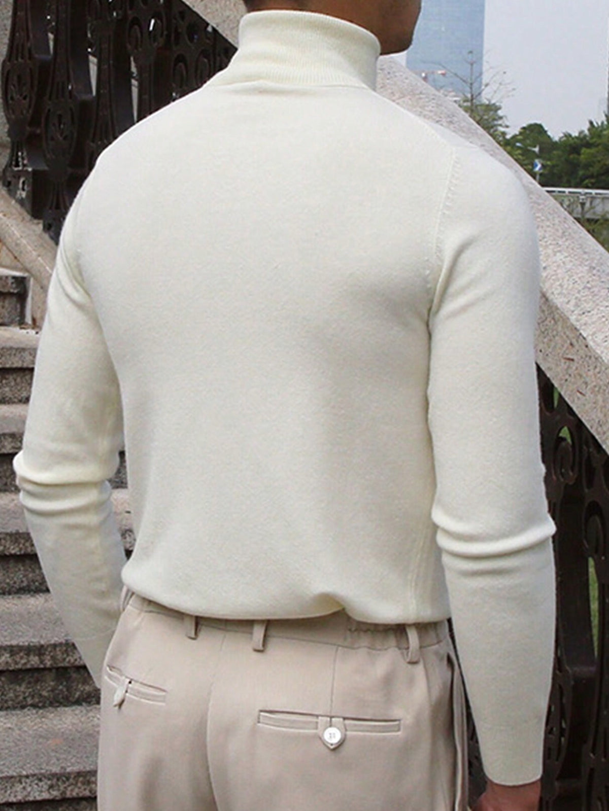 Men's Rib-Knit Roll Neck Jumper in Off White