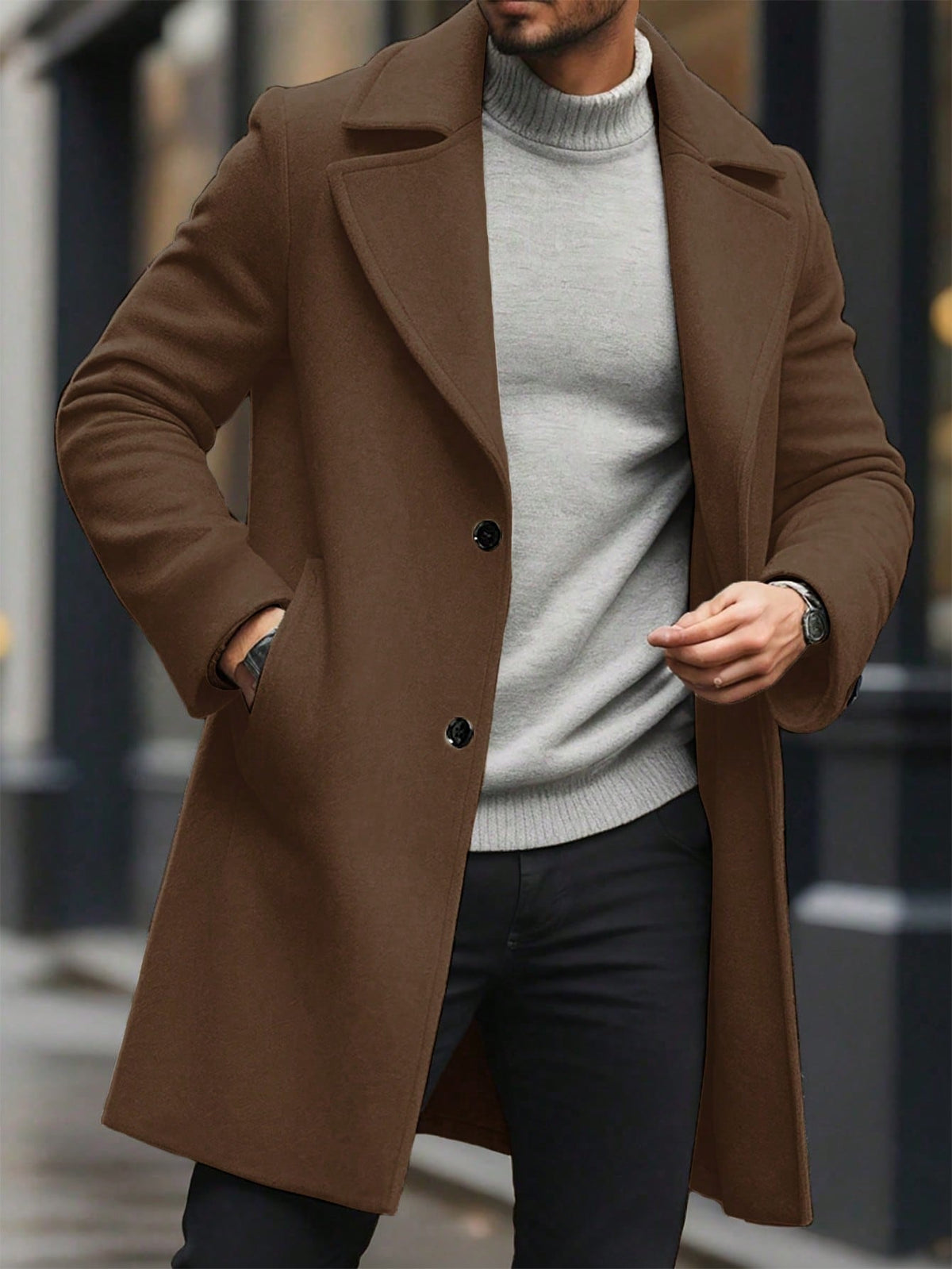 Men's Single-Breasted Longline Overcoat with Notch Lapels in Brown