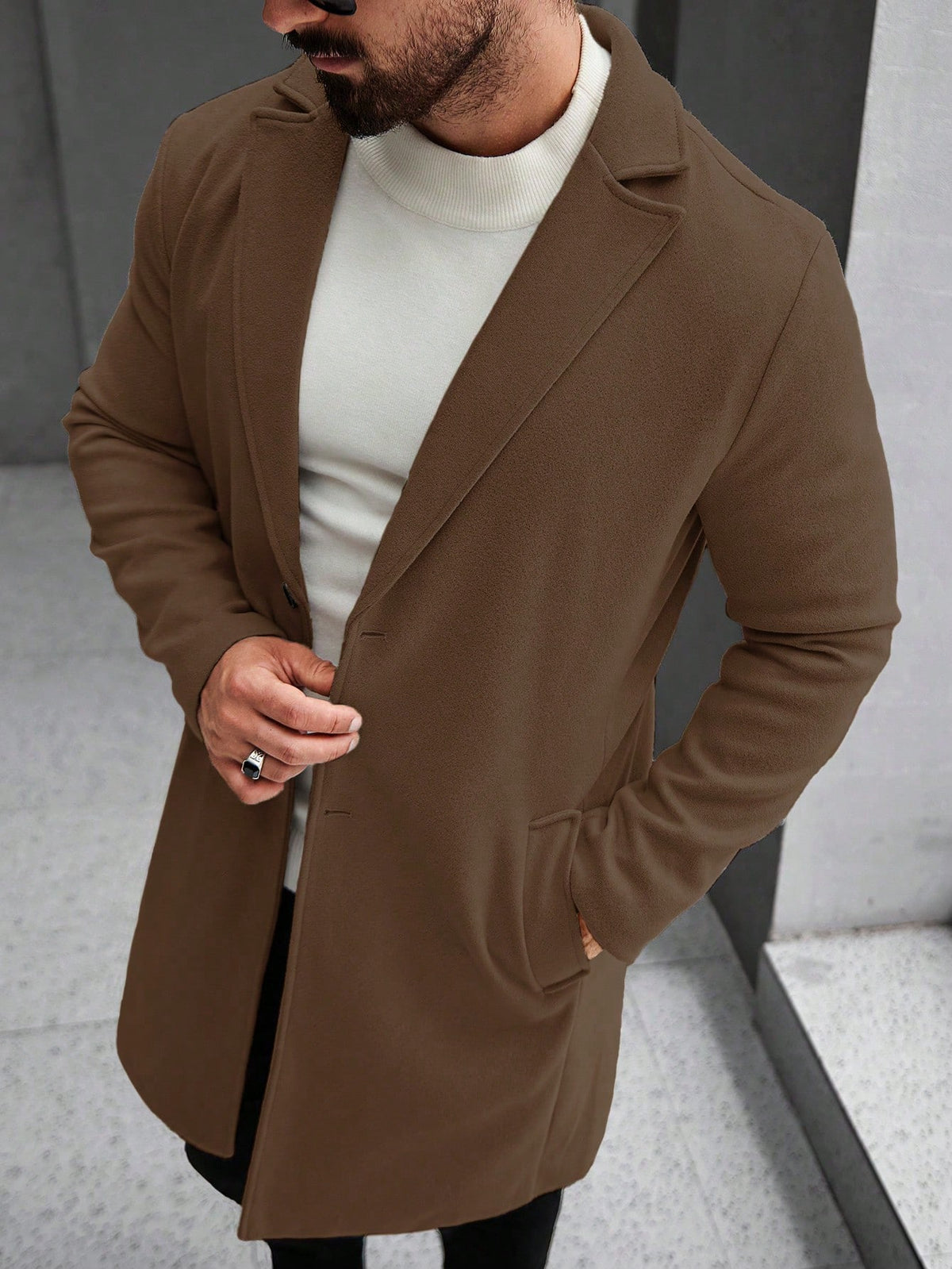Men's Single-Breasted Longline Overcoat with Notch Lapels in Brown
