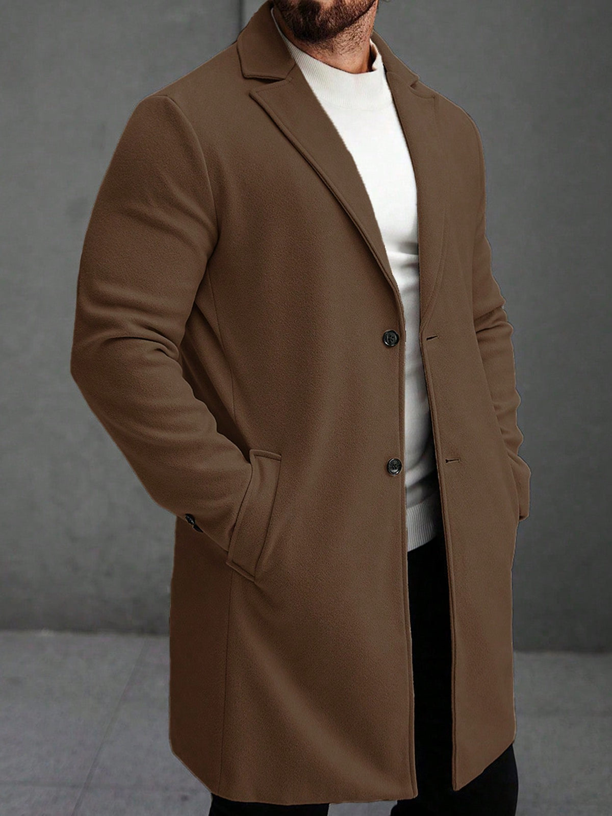 Men's Single-Breasted Longline Overcoat with Notch Lapels in Brown