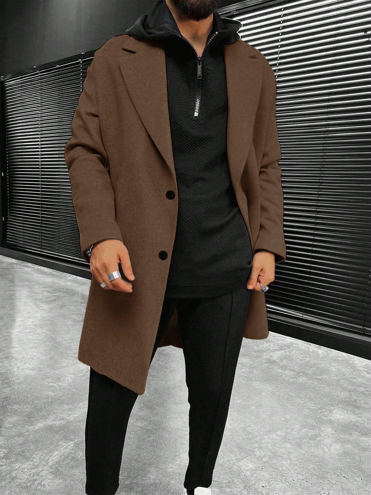 Men's Single-Breasted Longline Overcoat with Notch Lapels in Brown