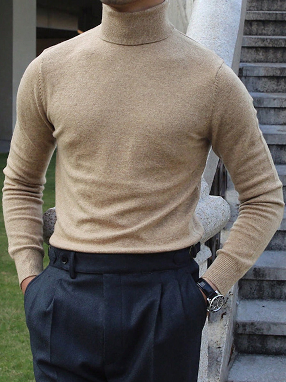 Men's Rib-Knit Roll Neck Jumper in Camel