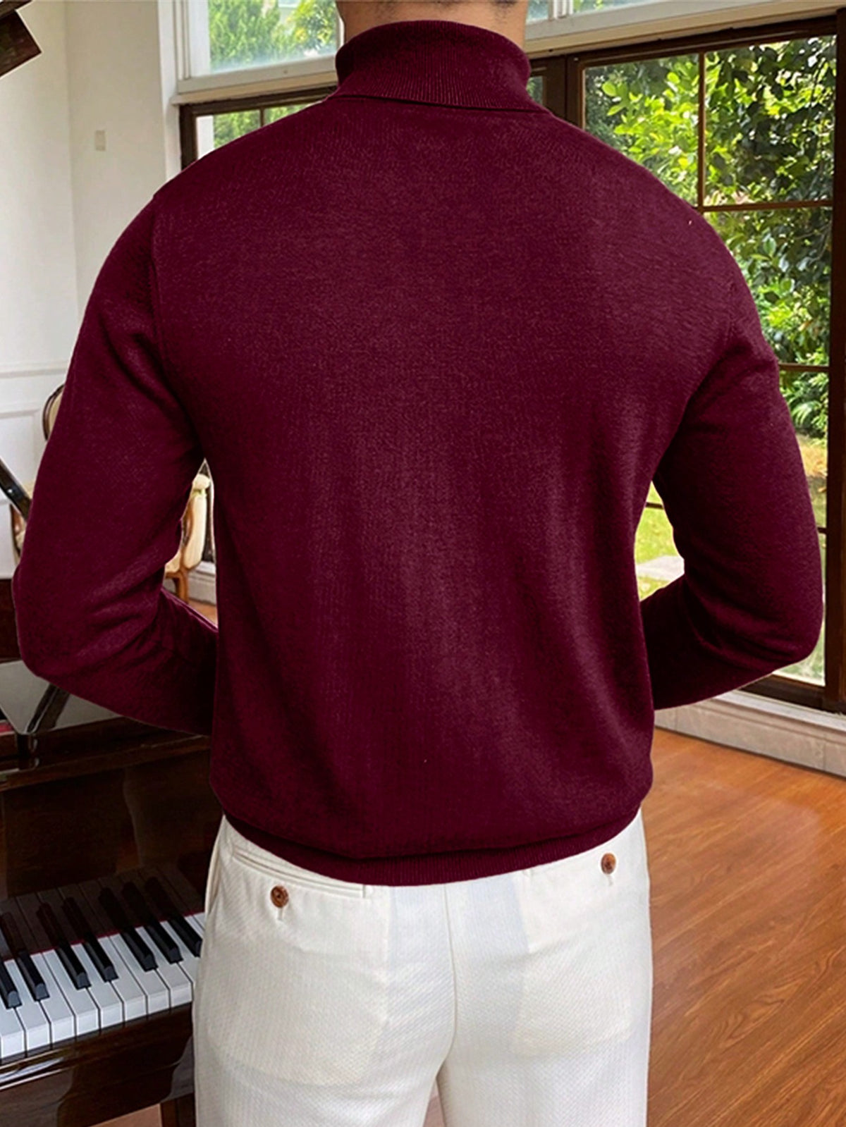 Men's Rib-Knit Roll Neck Jumper in Burgundy
