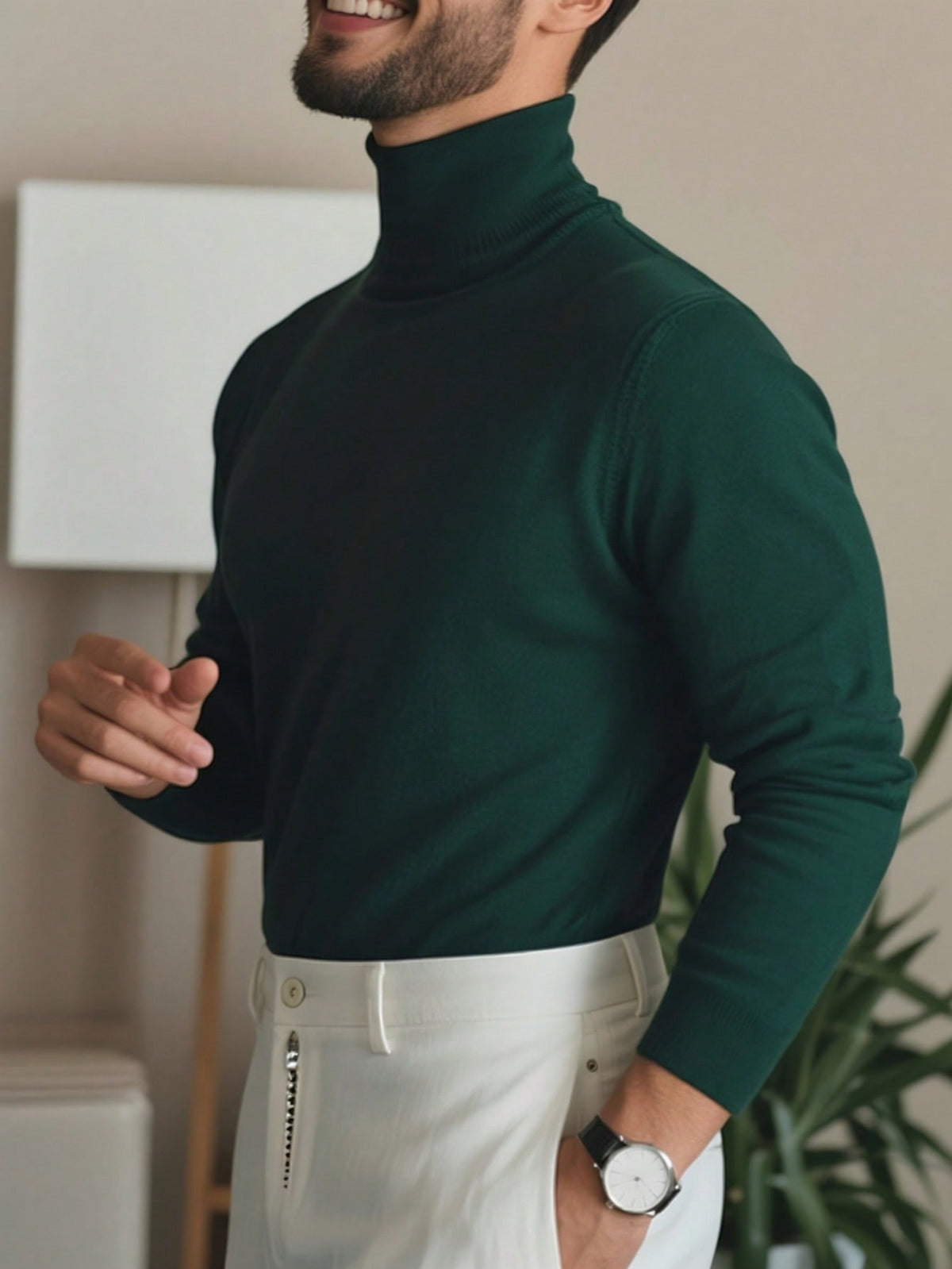 Men's Rib-Knit Roll Neck Jumper in Bottle Green