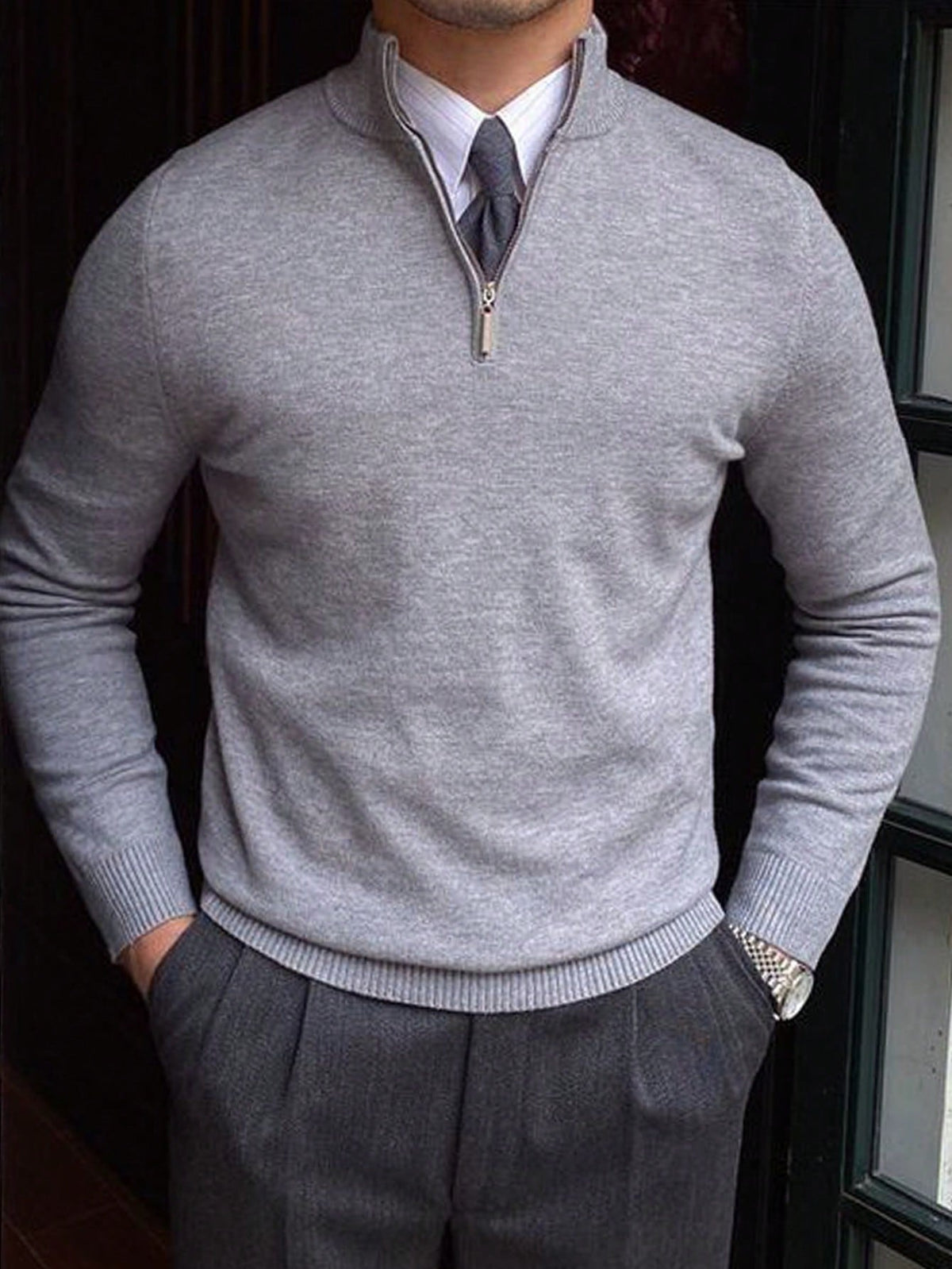 Men's Half-Zip Knitted Jumper with Stand Collar in Grey