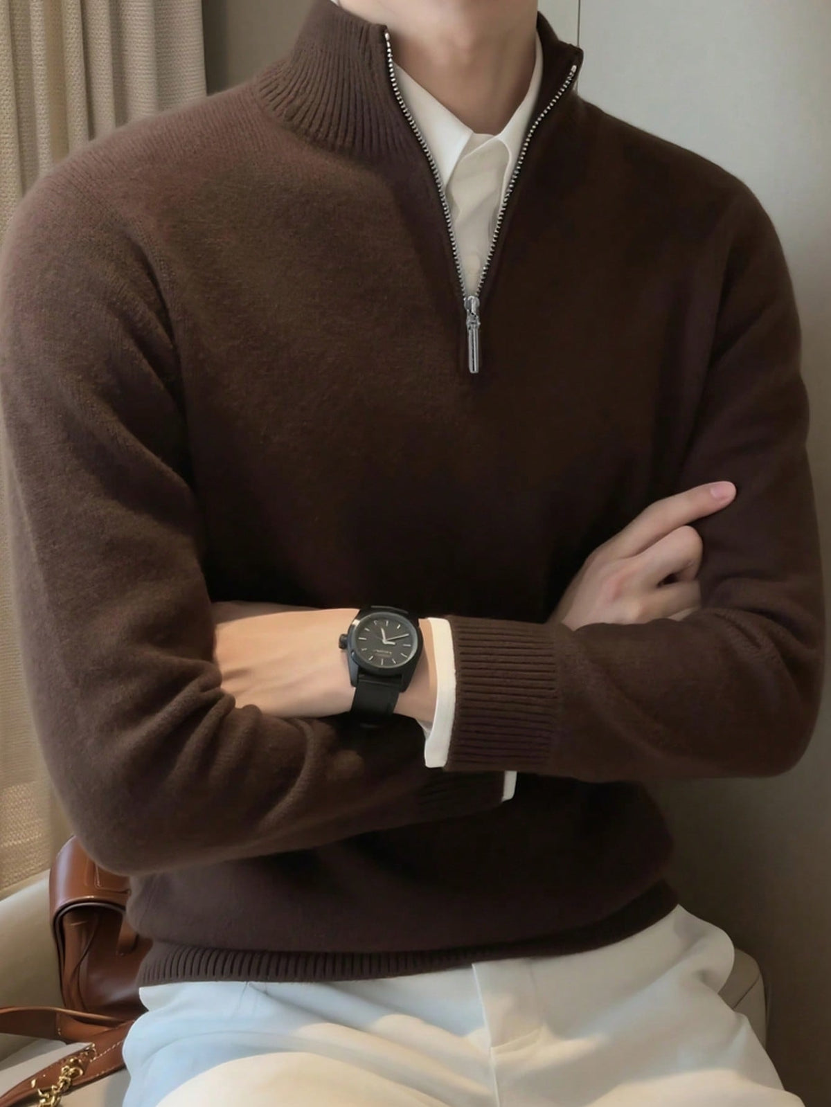 Men's Half-Zip Knitted Jumper with Stand Collar in Brown