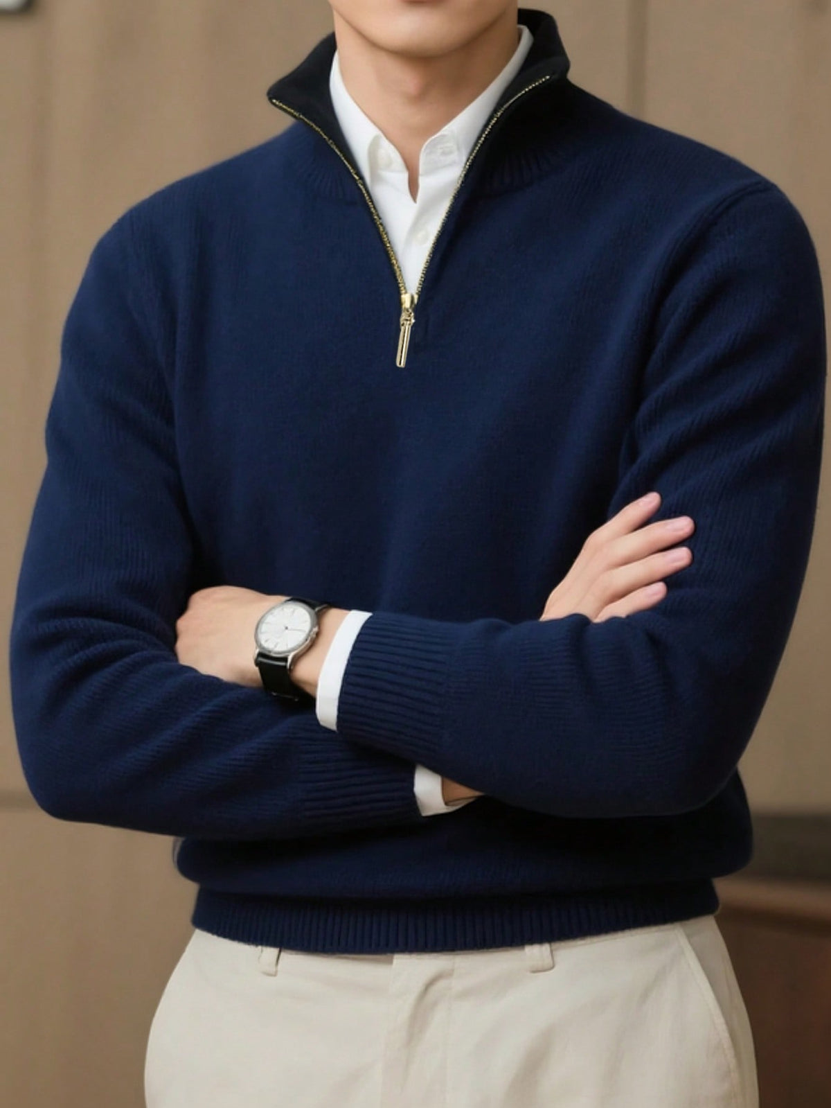 Men's Half-Zip Knitted Jumper with Stand Collar in Navy