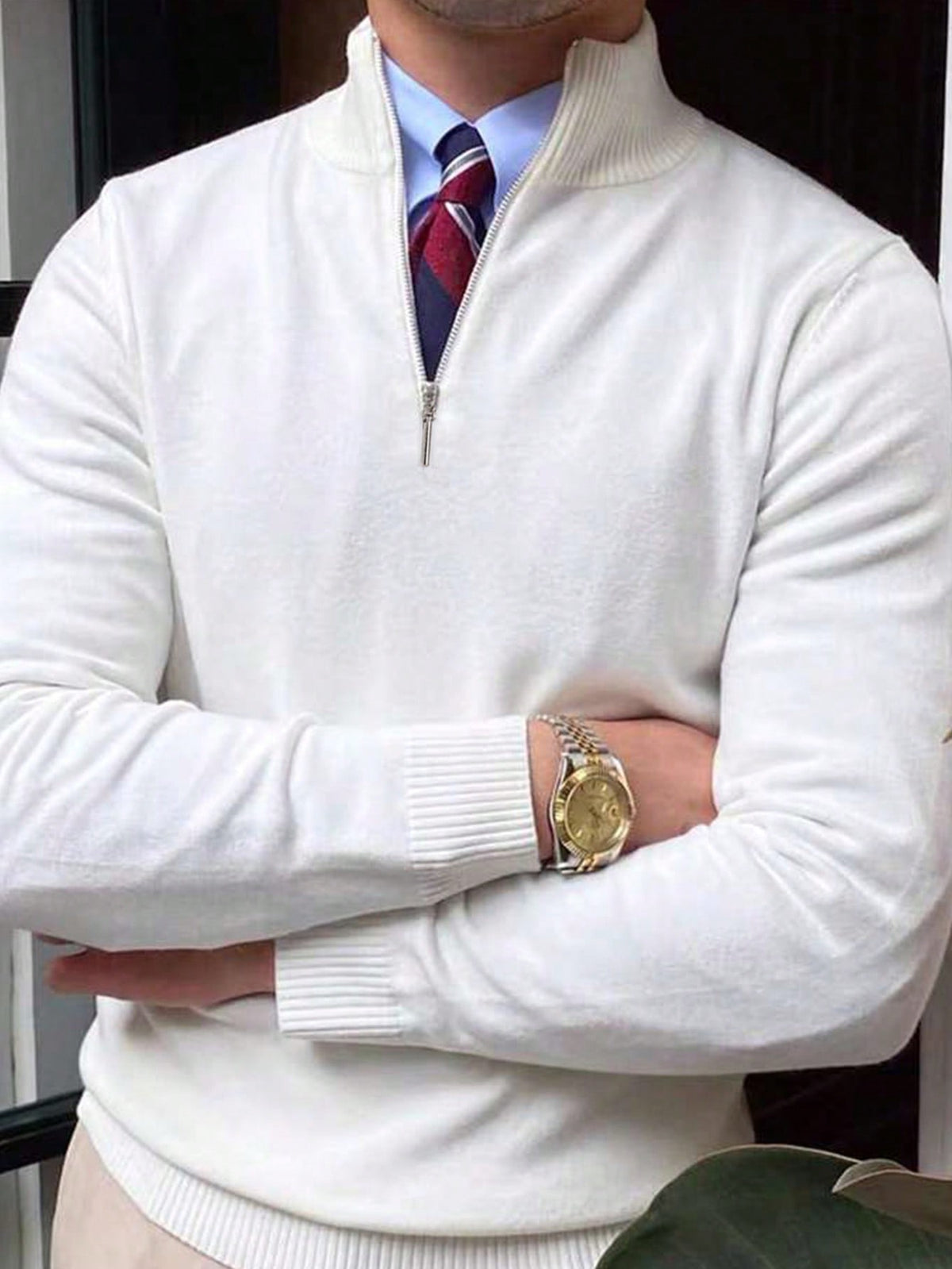 Men's Half-Zip Knitted Jumper with Stand Collar in White