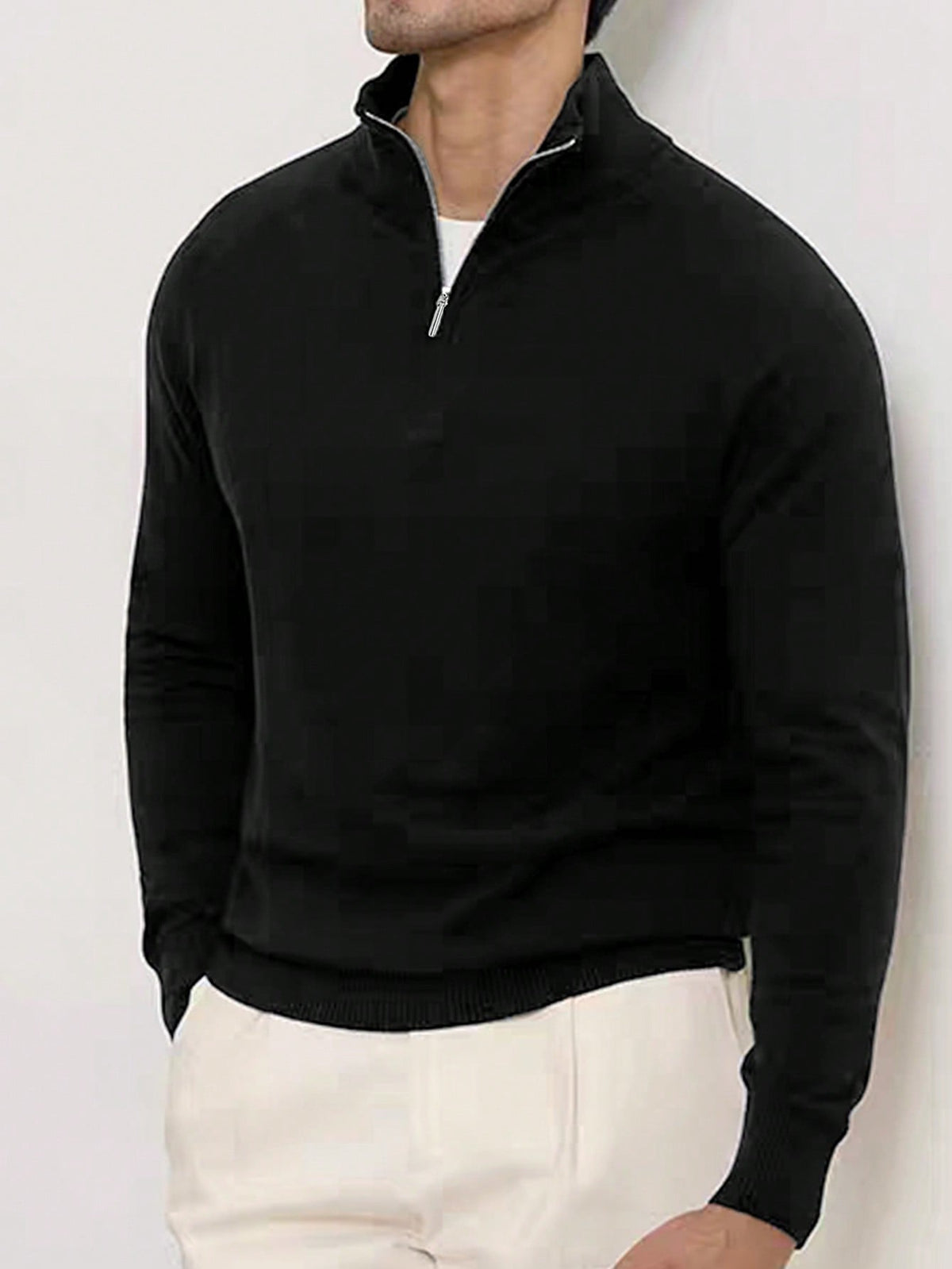 Men's Half-Zip Knitted Jumper with Stand Collar in Black