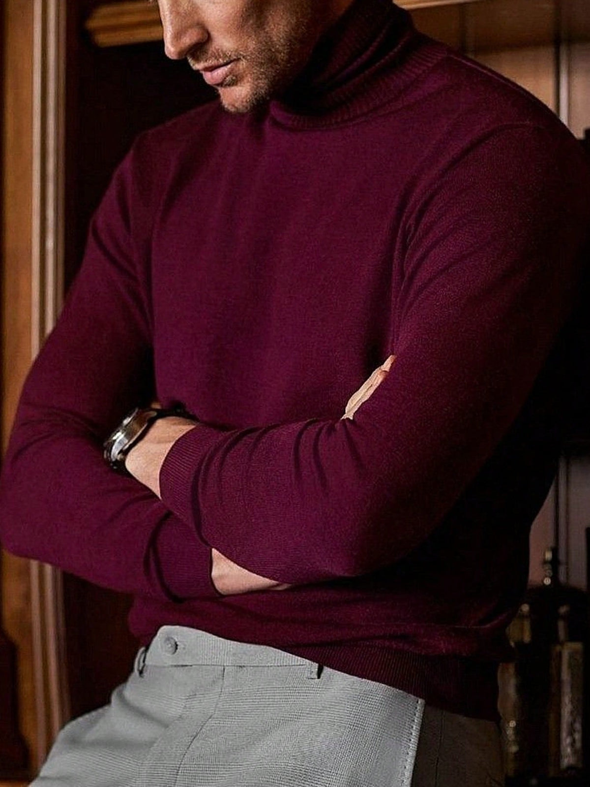 Men's Rib-Knit Roll Neck Jumper in Burgundy