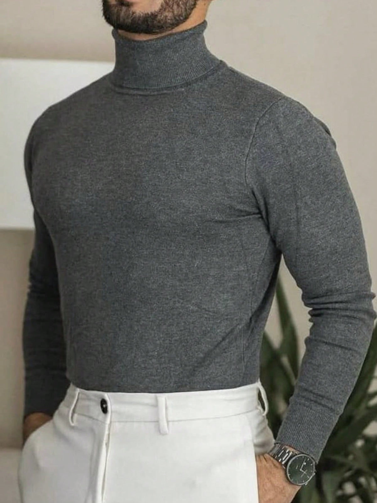 Men's Rib-Knit Roll Neck Jumper in Dark Grey
