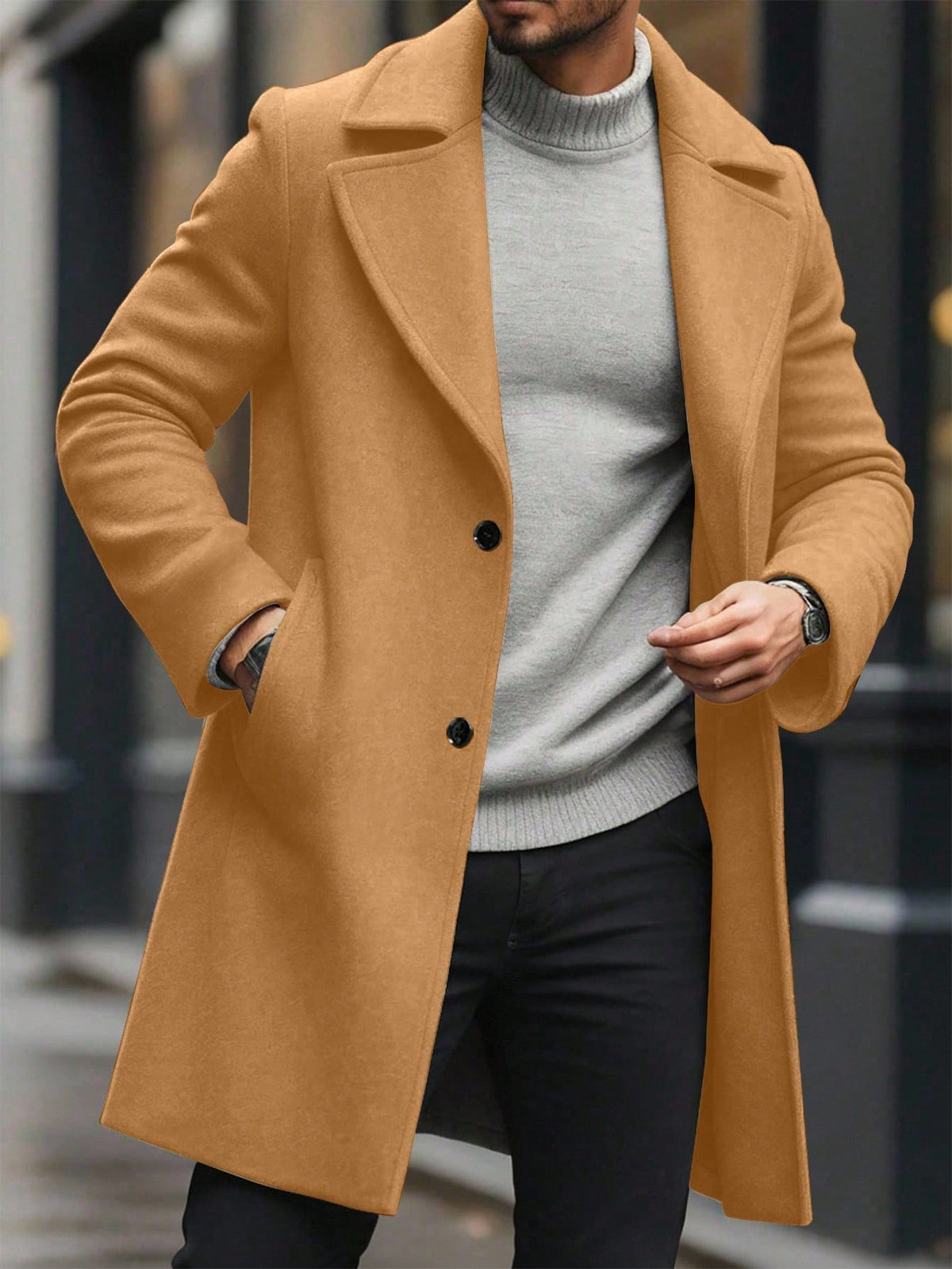 Men's Single-Breasted Longline Overcoat with Notch Lapels in Camel