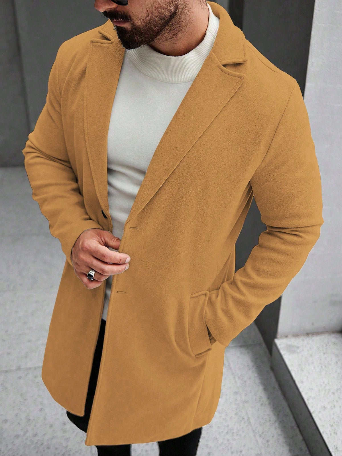 Men's Single-Breasted Longline Overcoat with Notch Lapels in Camel