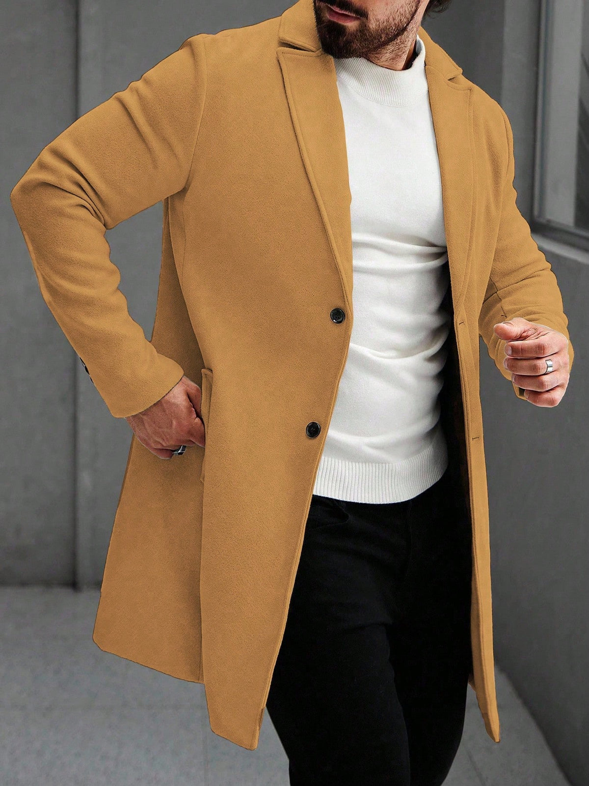 Men's Single-Breasted Longline Overcoat with Notch Lapels in Camel