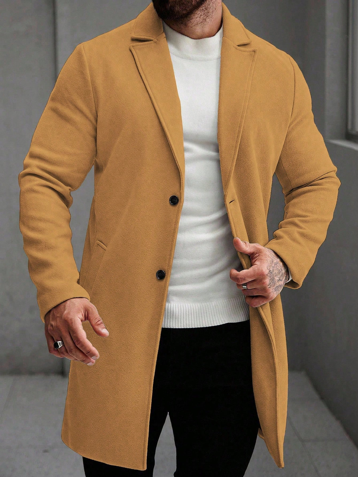 Men's Single-Breasted Longline Overcoat with Notch Lapels in Camel