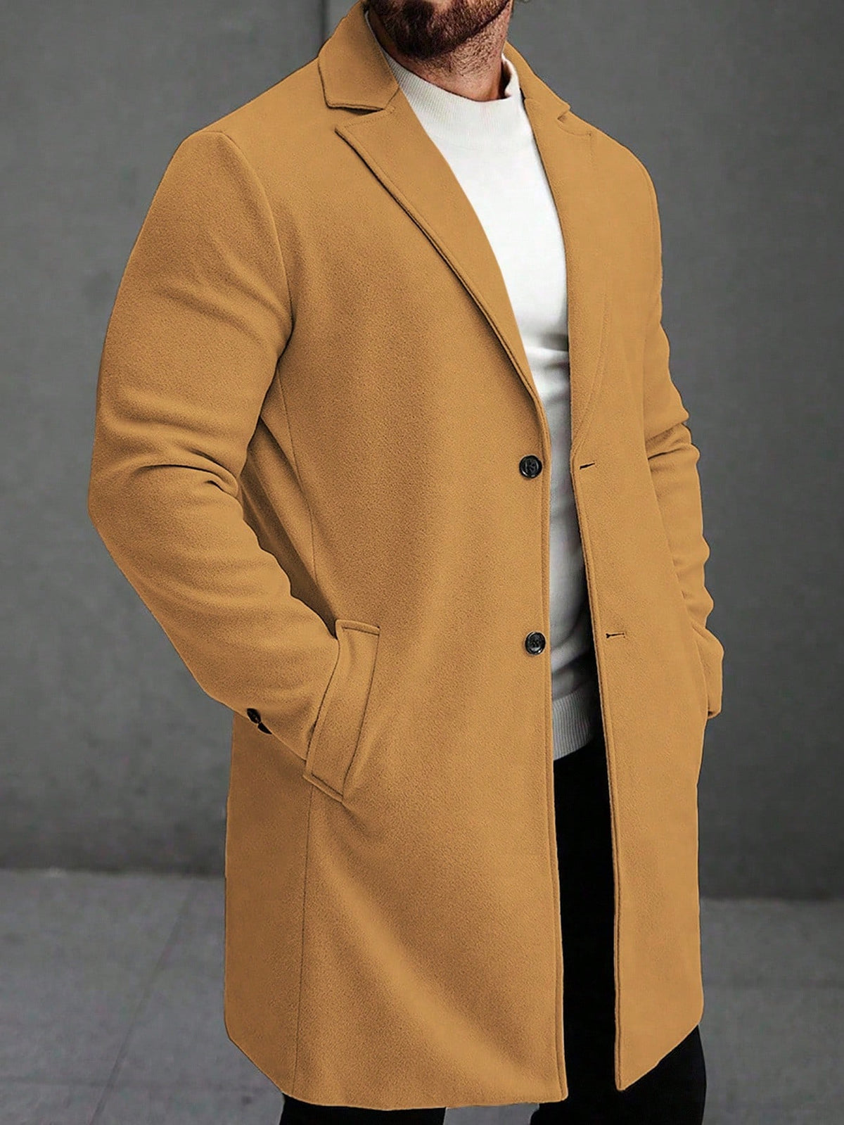 Men's Single-Breasted Longline Overcoat with Notch Lapels in Camel