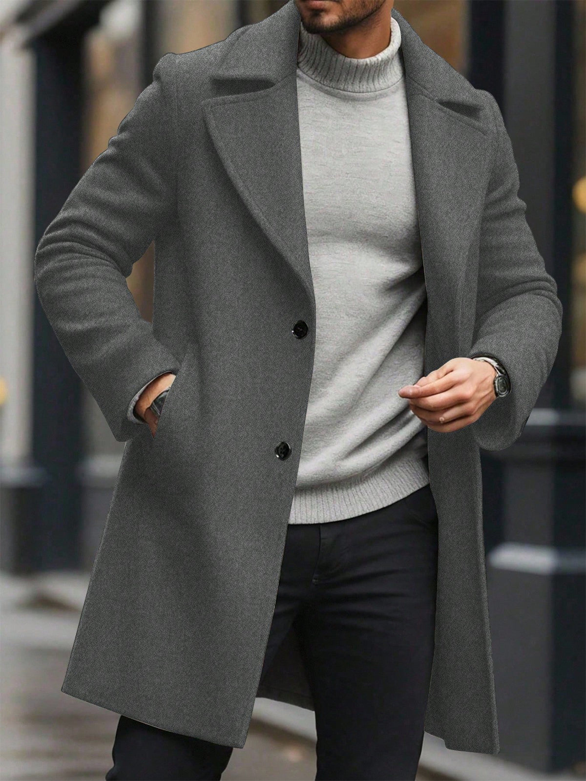 Men's Single-Breasted Longline Overcoat with Notch Lapels in Dark Grey