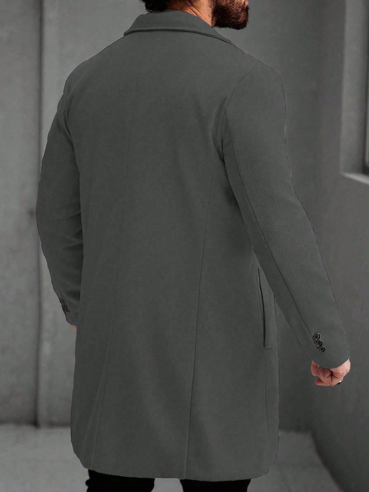 Men's Single-Breasted Longline Overcoat with Notch Lapels in Dark Grey
