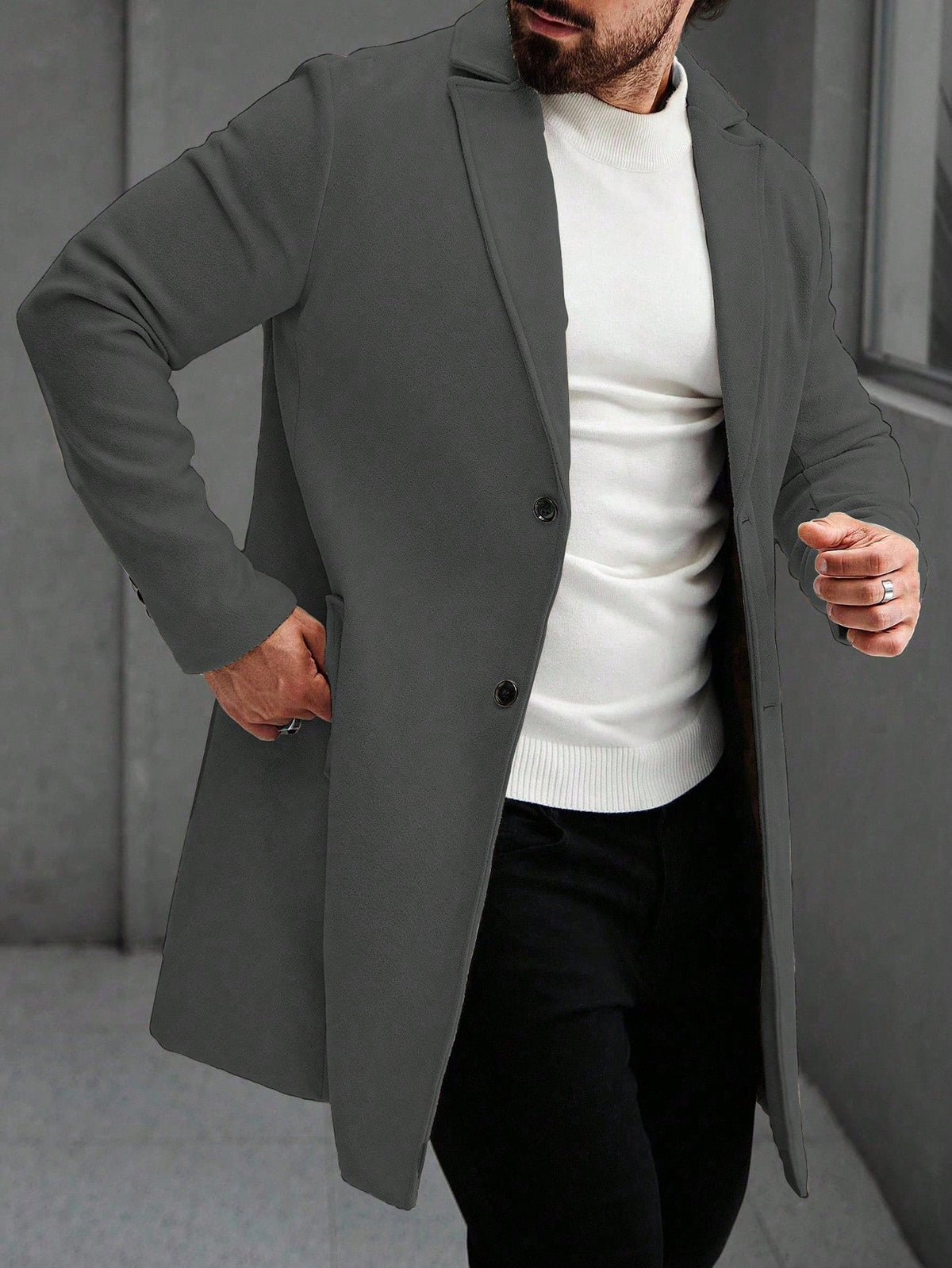 Men's Single-Breasted Longline Overcoat with Notch Lapels in Dark Grey