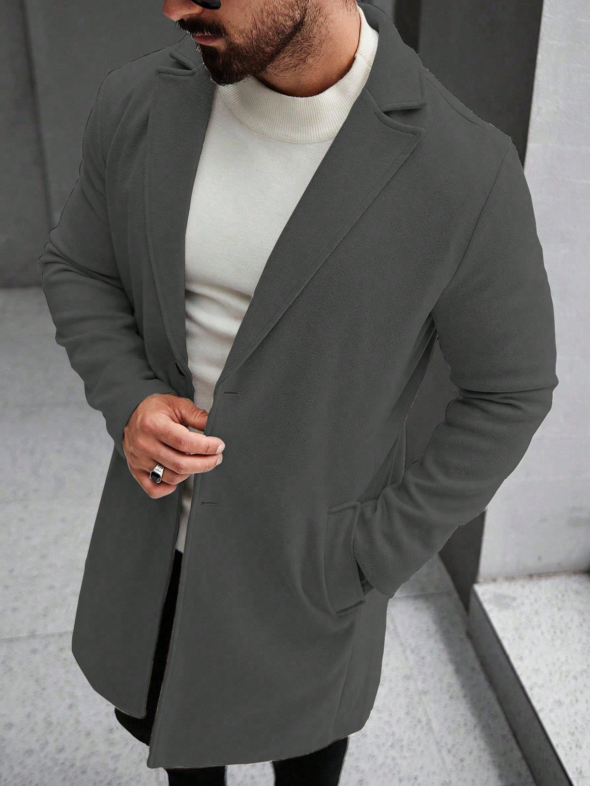 Men's Single-Breasted Longline Overcoat with Notch Lapels in Dark Grey