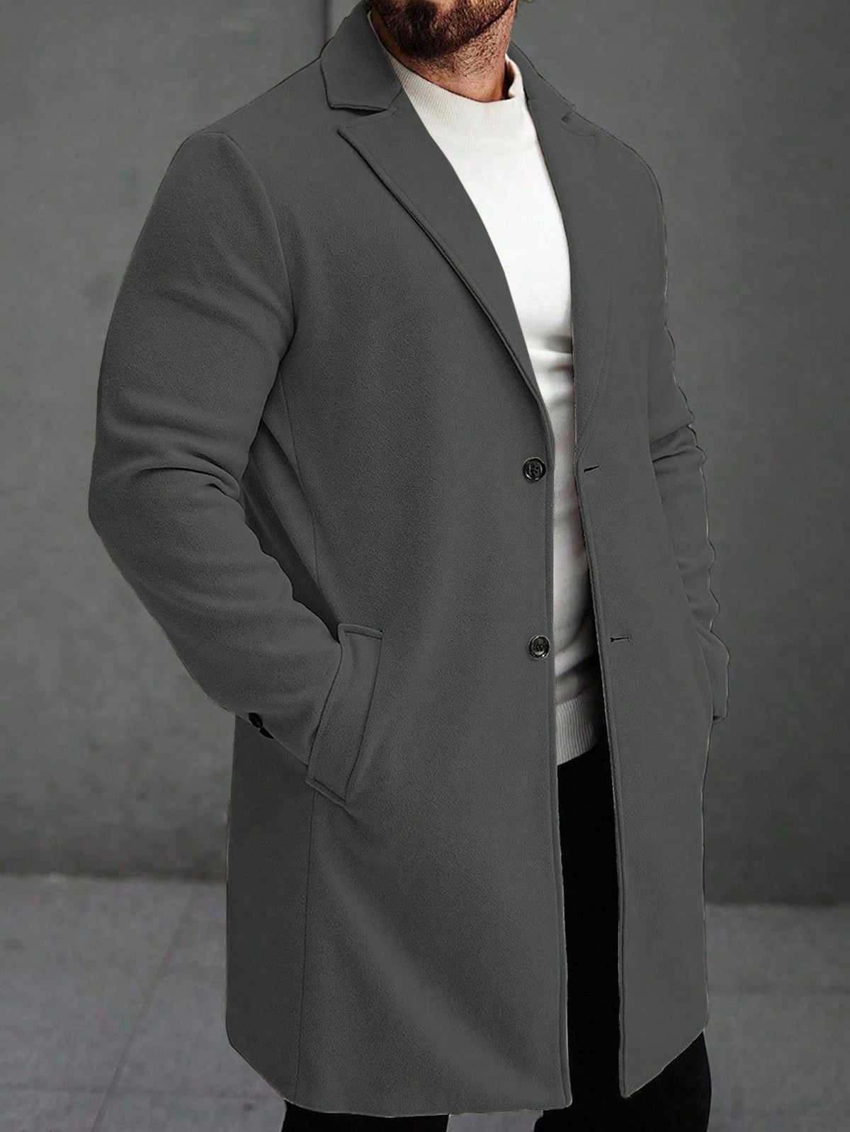 Men's Single-Breasted Longline Overcoat with Notch Lapels in Dark Grey