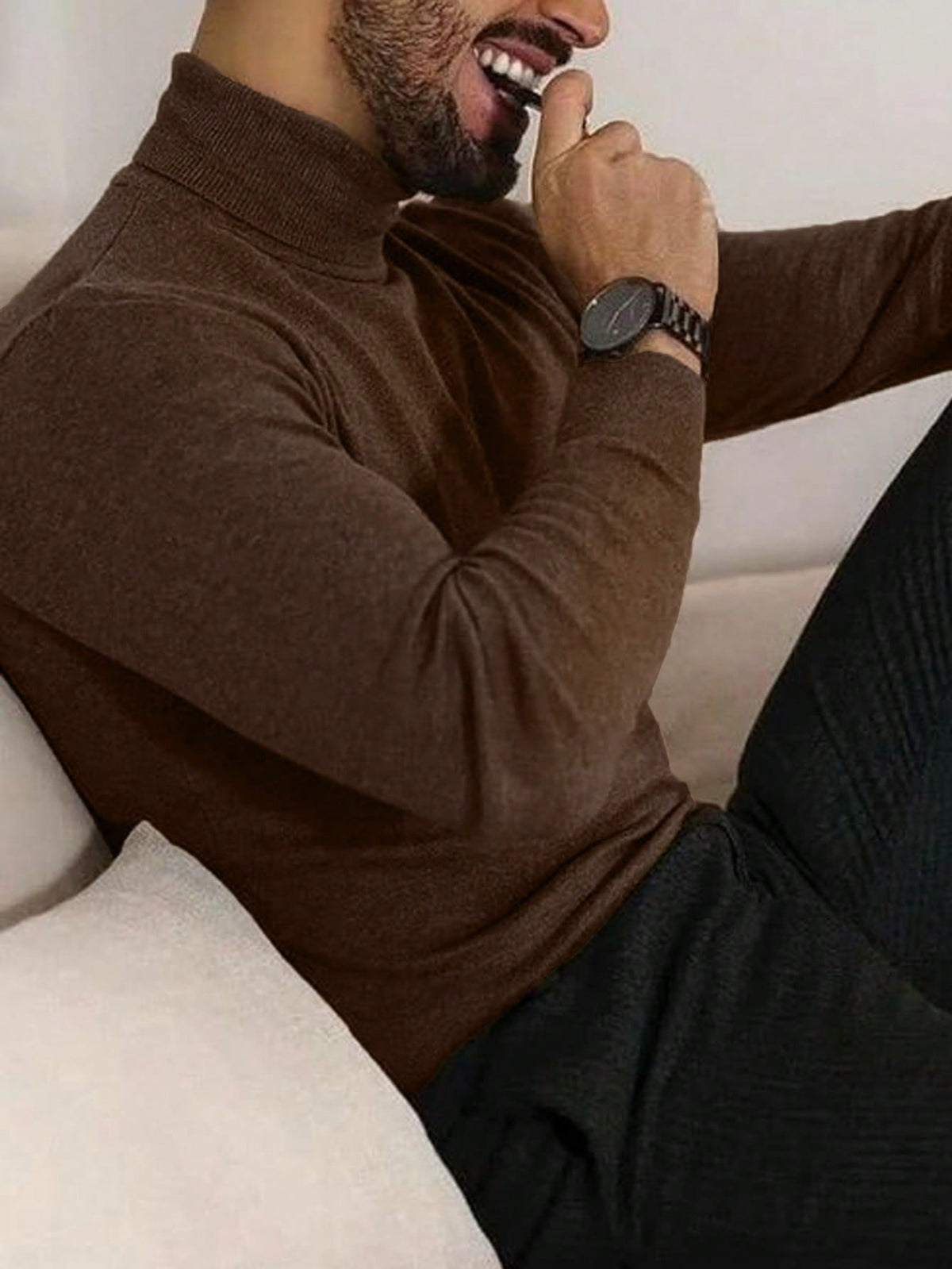 Men's Rib-Knit Roll Neck Jumper in Brown