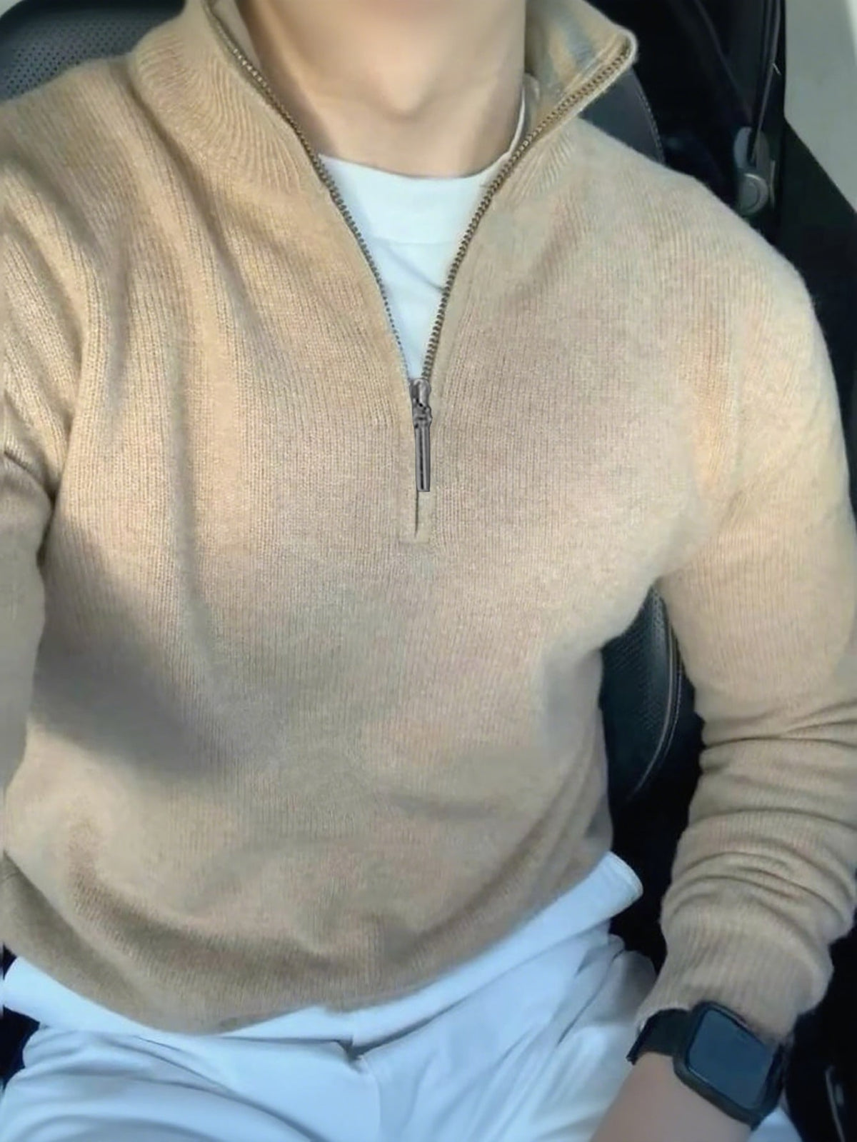 Men's Half-Zip Knitted Jumper with Stand Collar in Camel
