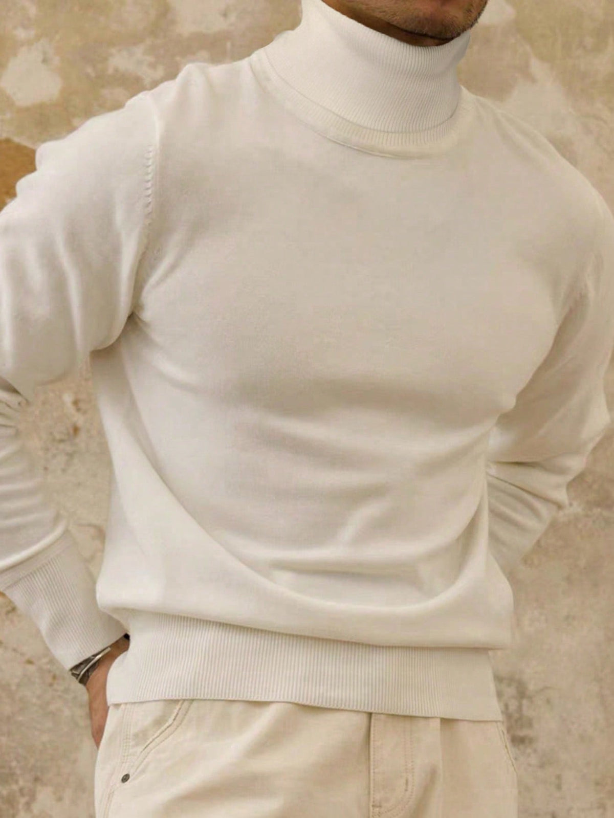 Men's Rib-Knit Roll Neck Jumper in Off White