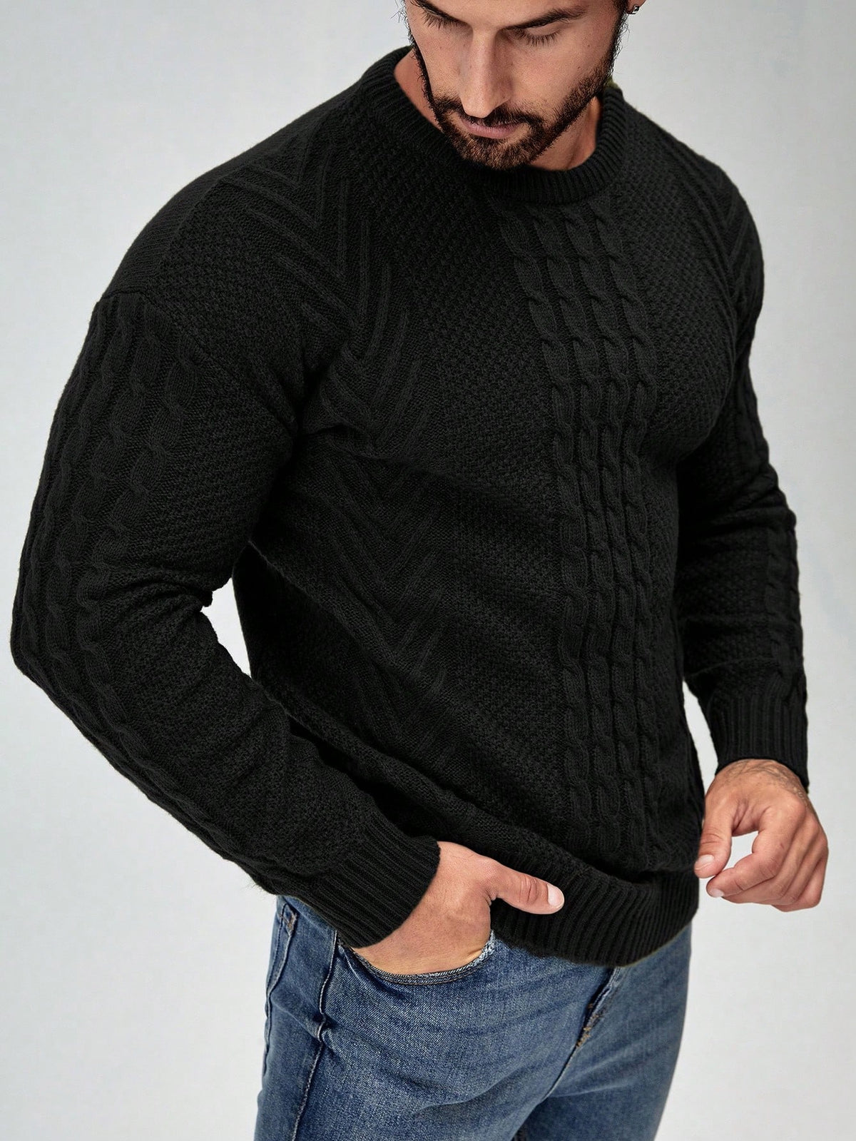 Men's Cable-Knit Crew Neck Jumper in Black