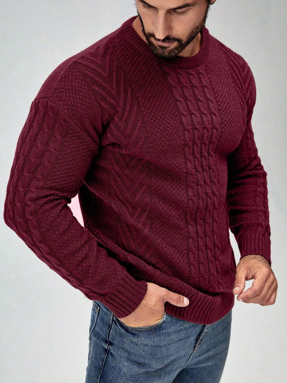 Men's Cable-Knit Crew Neck Jumper in Burgundy