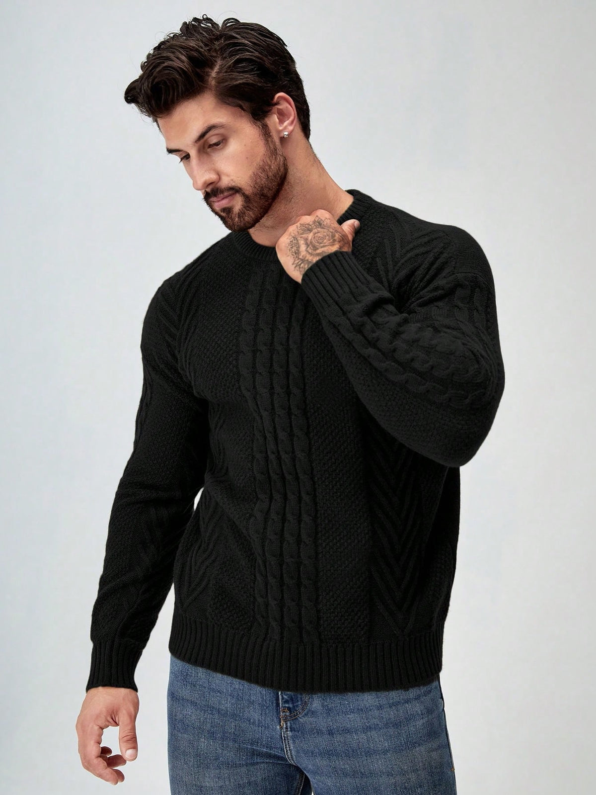 Men's Cable-Knit Crew Neck Jumper in Black