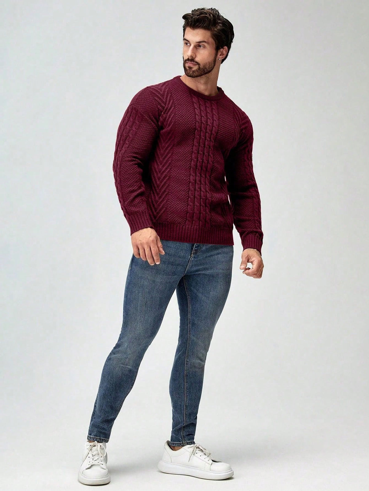 Men's Cable-Knit Crew Neck Jumper in Burgundy