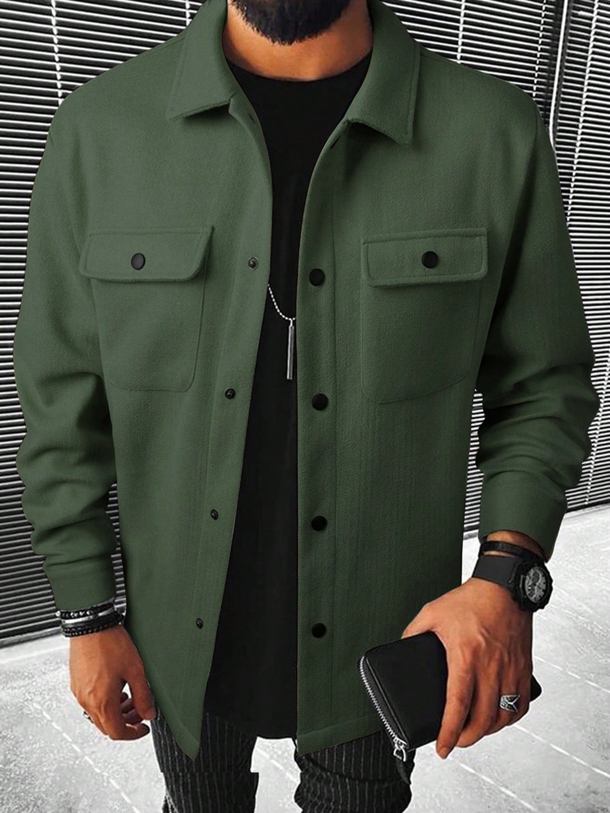 Men's Button-Front Overshirt Jacket with Flap Chest Pockets in Army Green