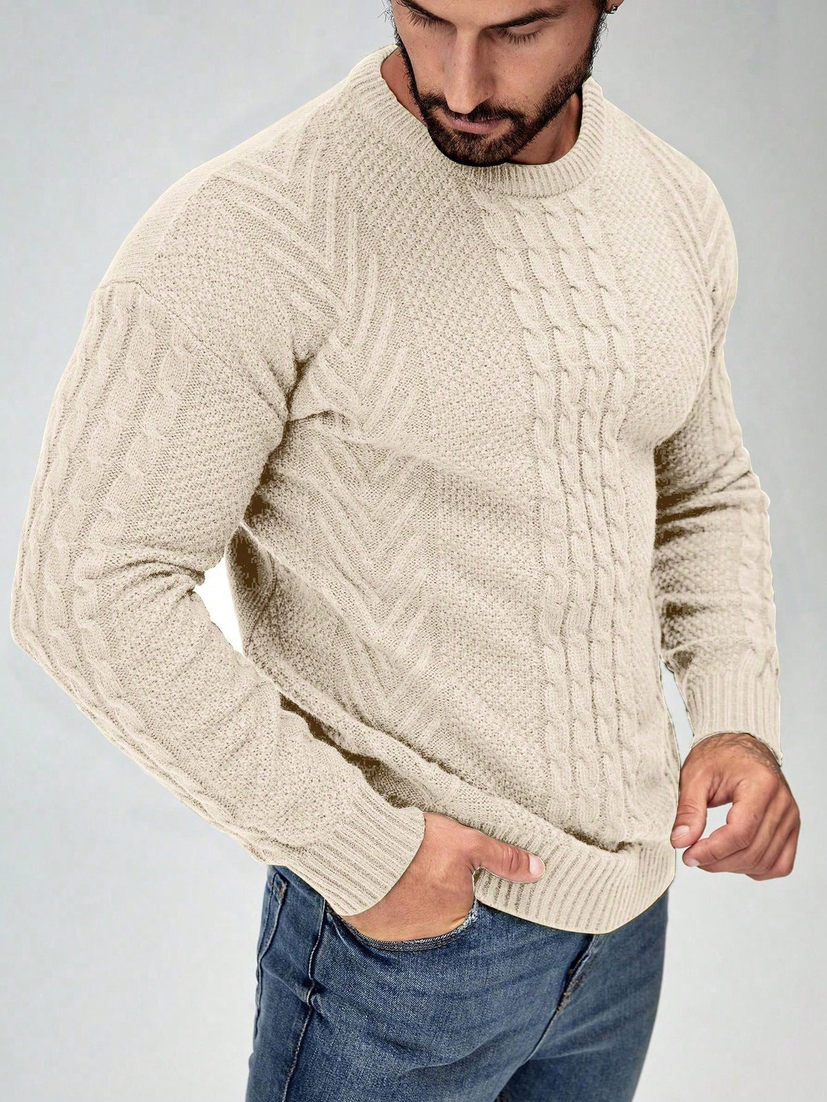 Men's Cable-Knit Crew Neck Jumper in Cream