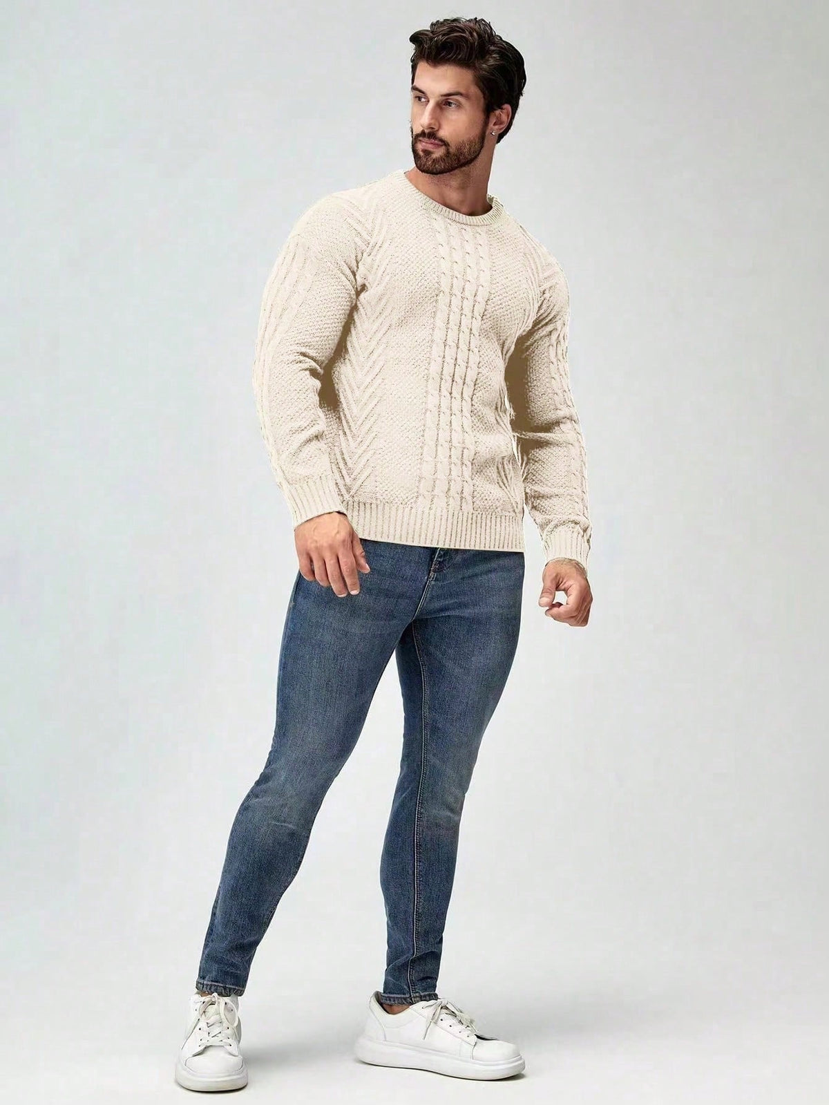 Men's Cable-Knit Crew Neck Jumper in Cream