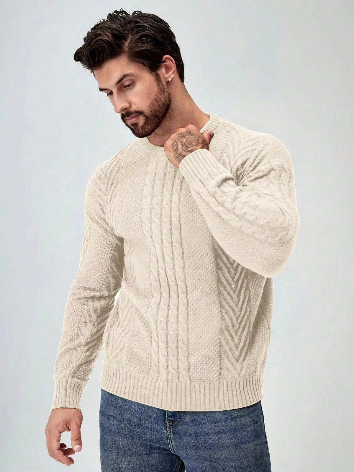 Men's Cable-Knit Crew Neck Jumper in Cream