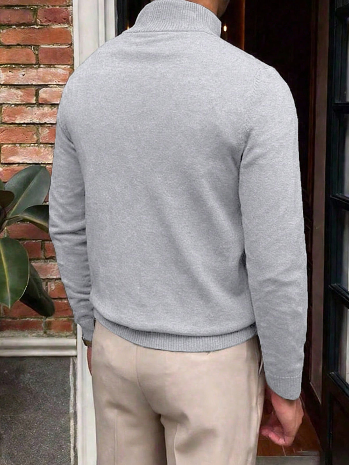 Men's Half-Zip Knitted Jumper with Stand Collar in Grey