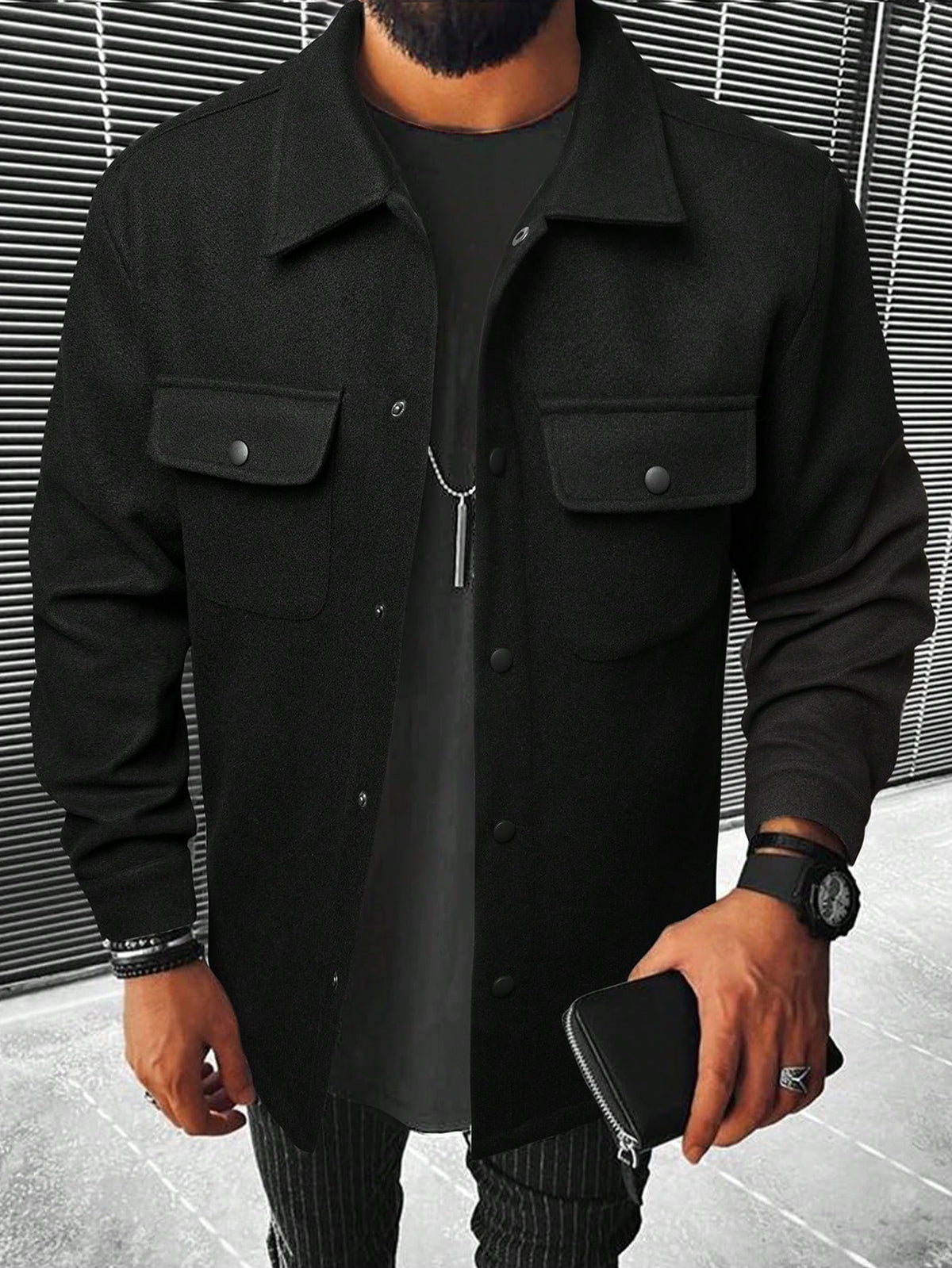 Men's Button-Front Overshirt Jacket with Flap Chest Pockets in Black