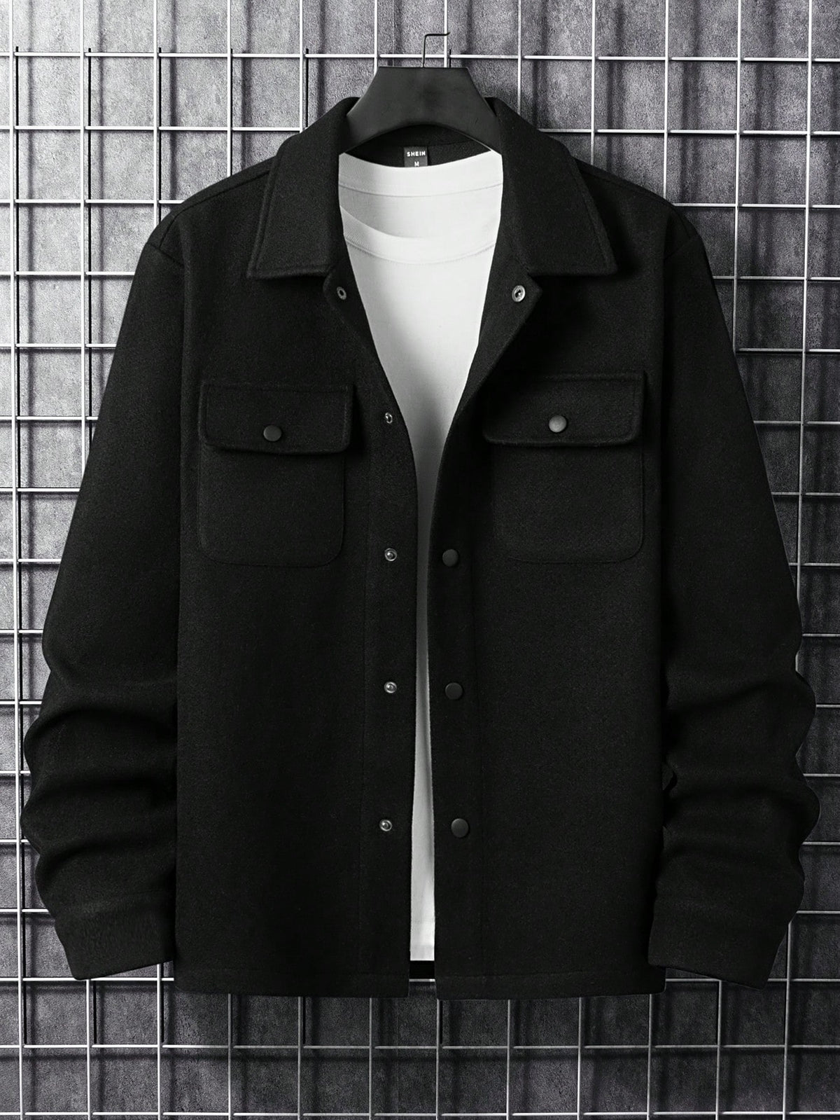 Men's Button-Front Overshirt Jacket with Flap Chest Pockets in Black