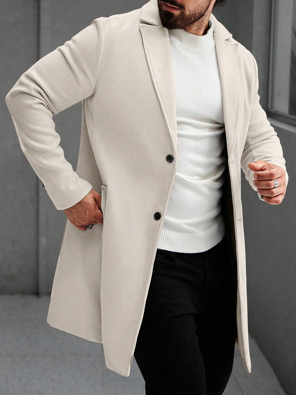 Men's Single-Breasted Longline Overcoat with Notch Lapels in Cream