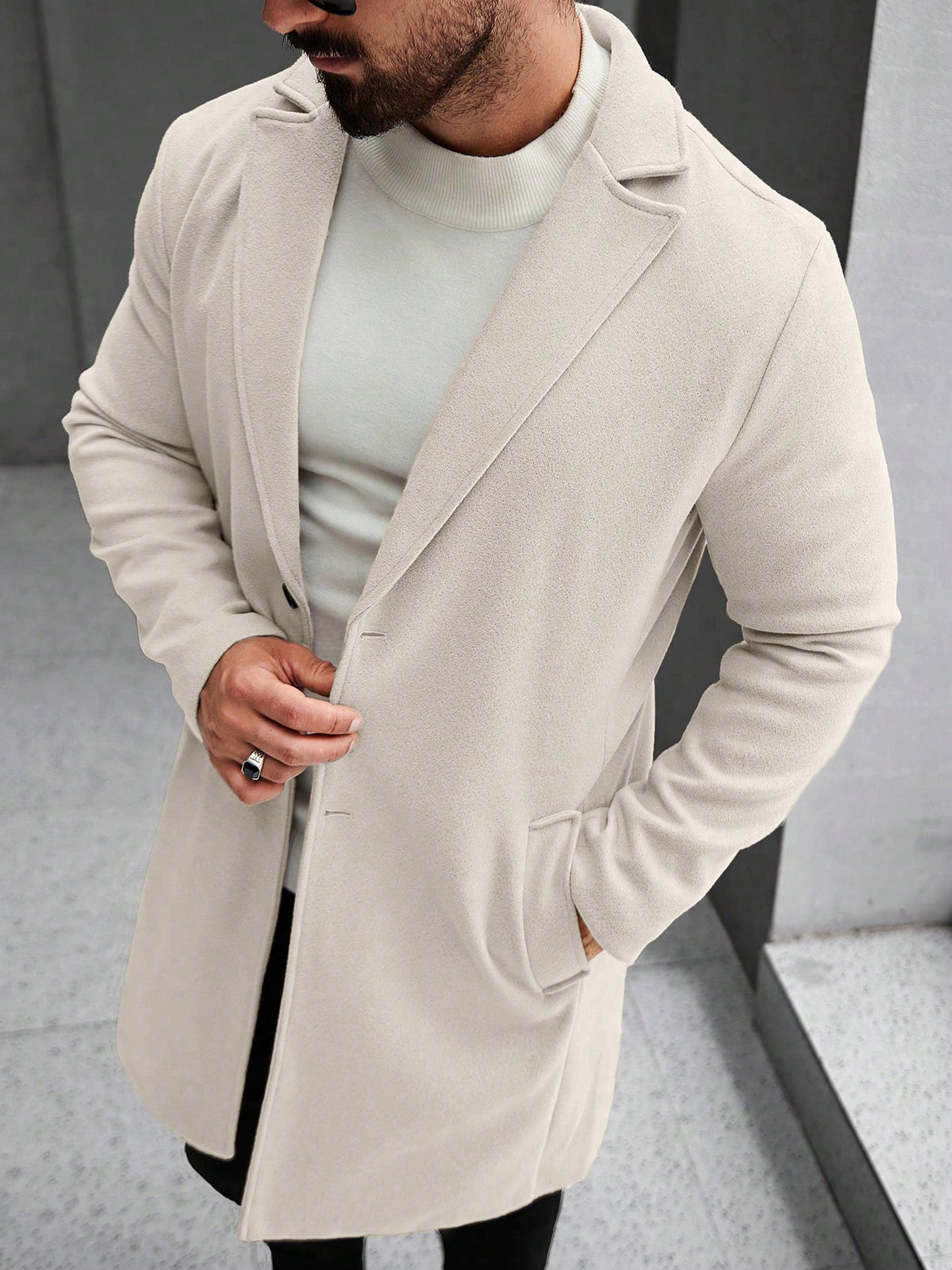 Men's Single-Breasted Longline Overcoat with Notch Lapels in Cream