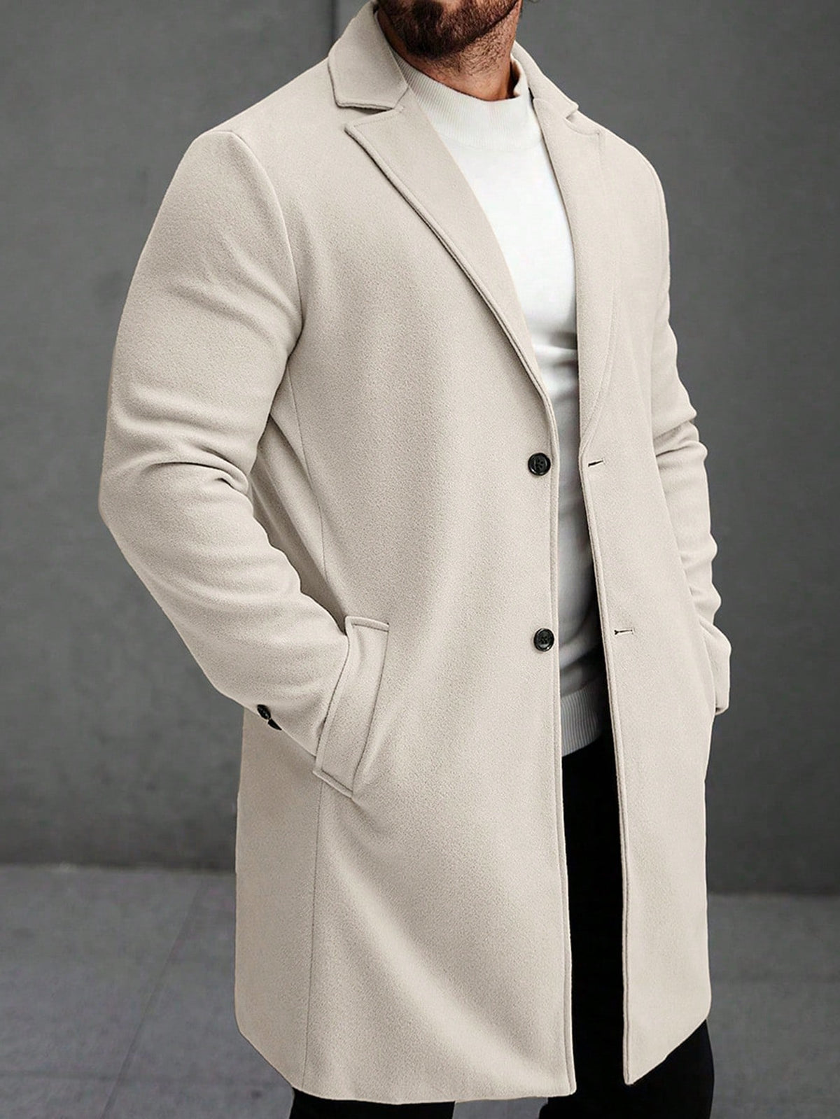 Men's Single-Breasted Longline Overcoat with Notch Lapels in Cream