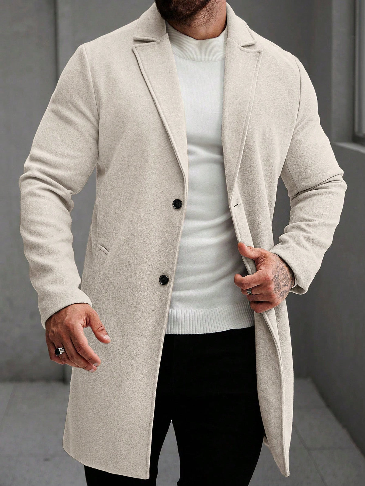 Men's Single-Breasted Longline Overcoat with Notch Lapels in Cream