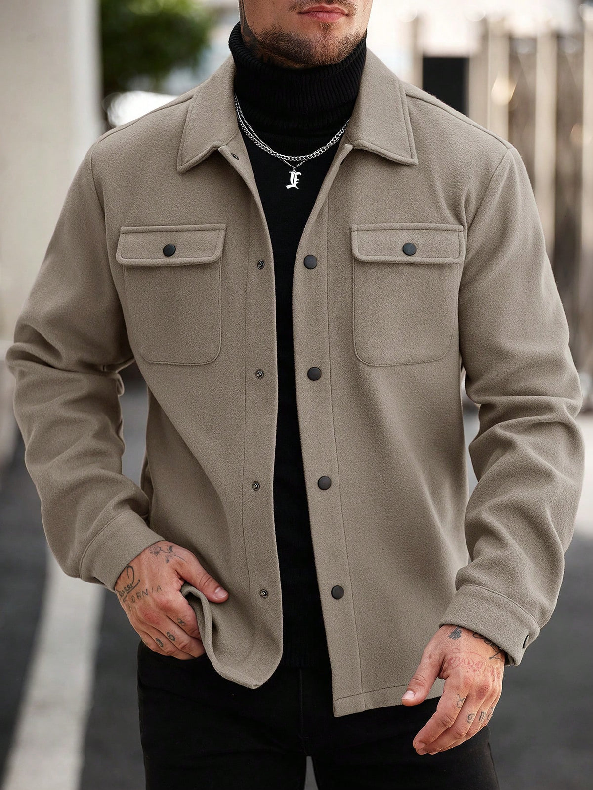 Men's Button-Front Overshirt Jacket with Flap Chest Pockets in Khaki