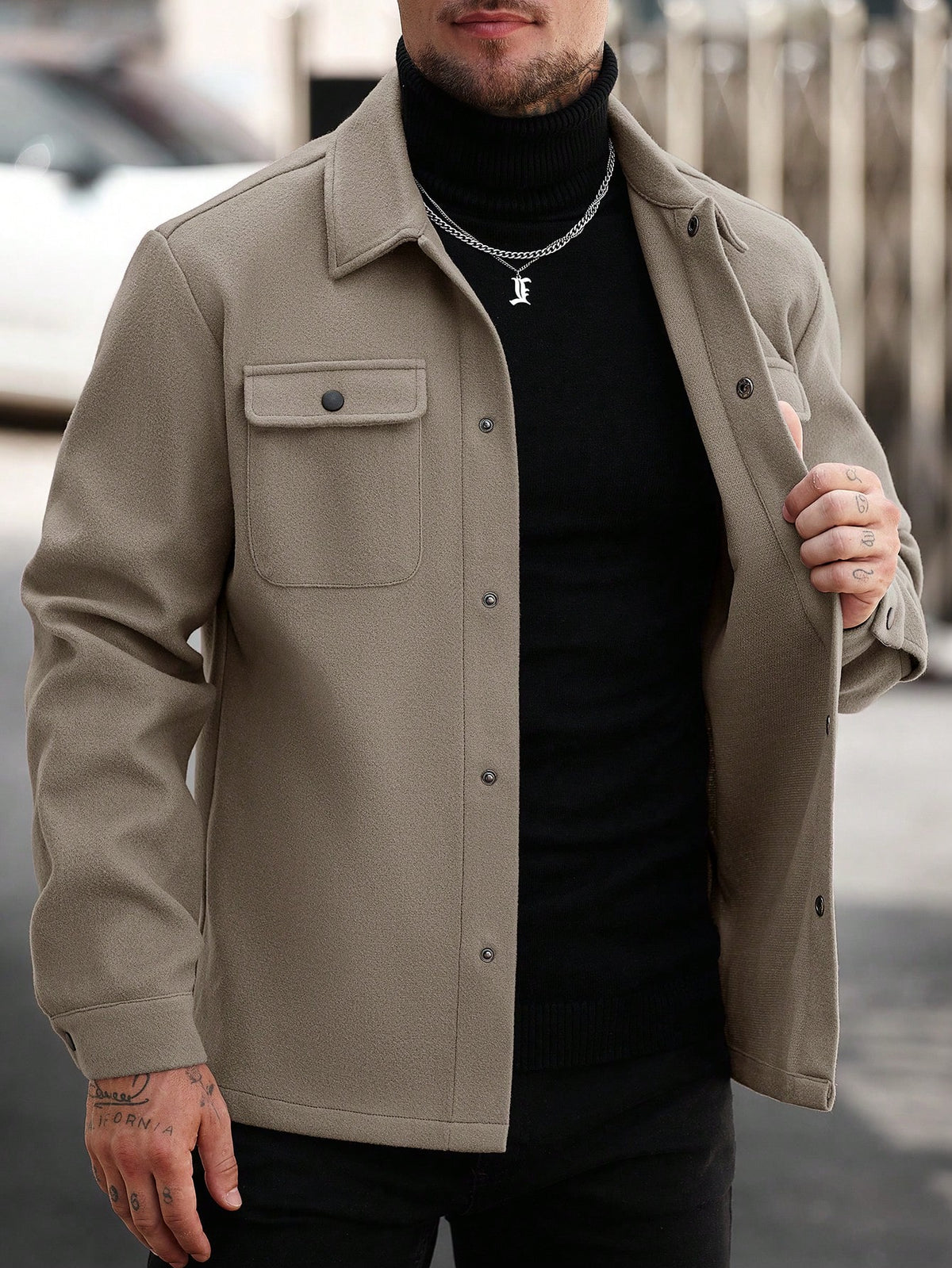 Men's Button-Front Overshirt Jacket with Flap Chest Pockets in Khaki