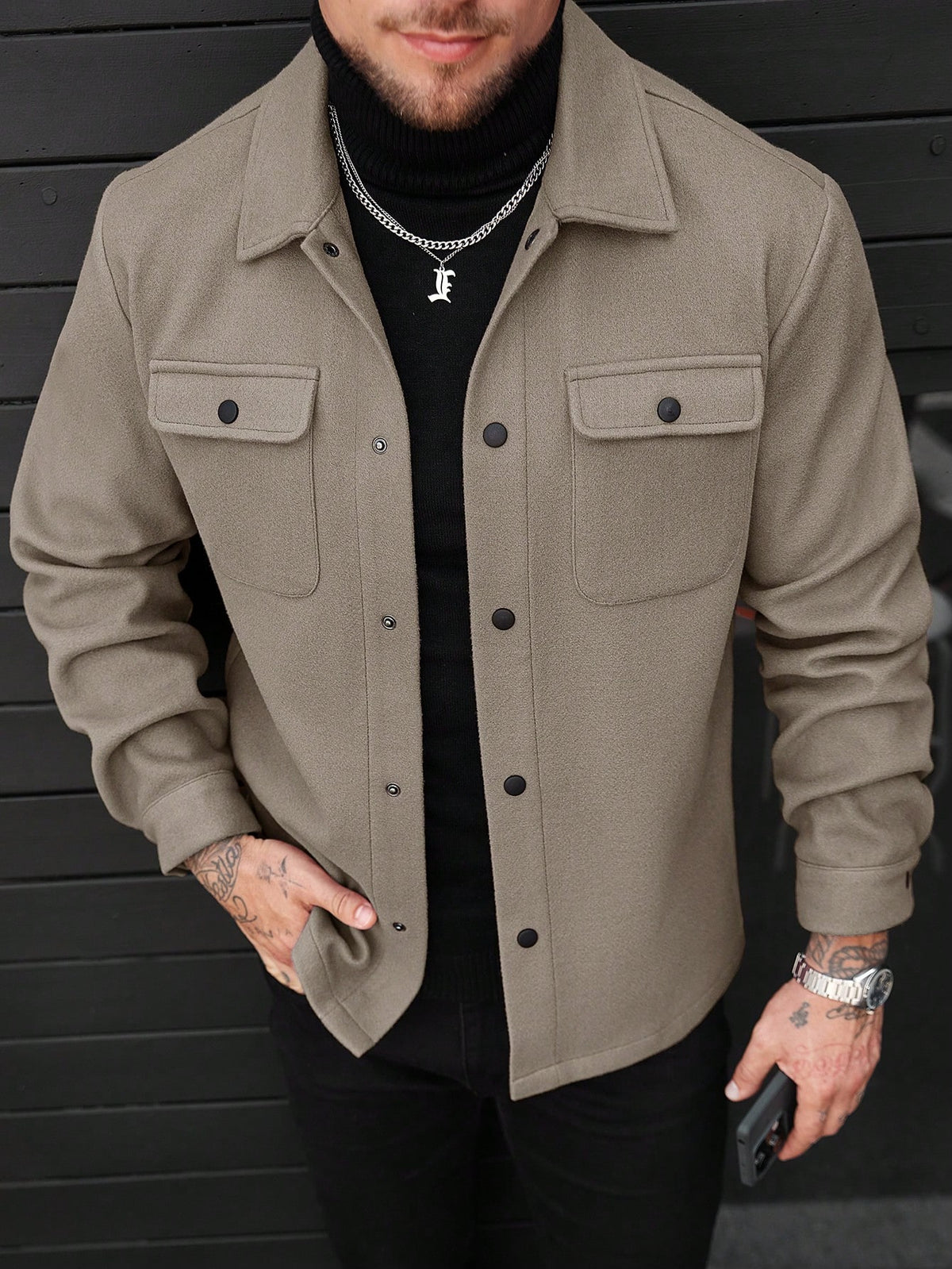 Men's Button-Front Overshirt Jacket with Flap Chest Pockets in Khaki
