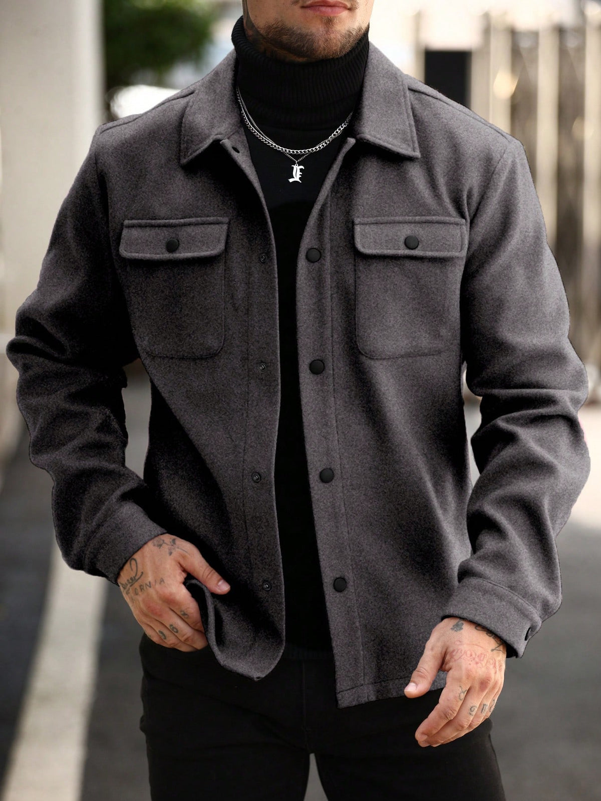 Men's Button-Front Overshirt Jacket with Flap Chest Pockets in Dark Grey